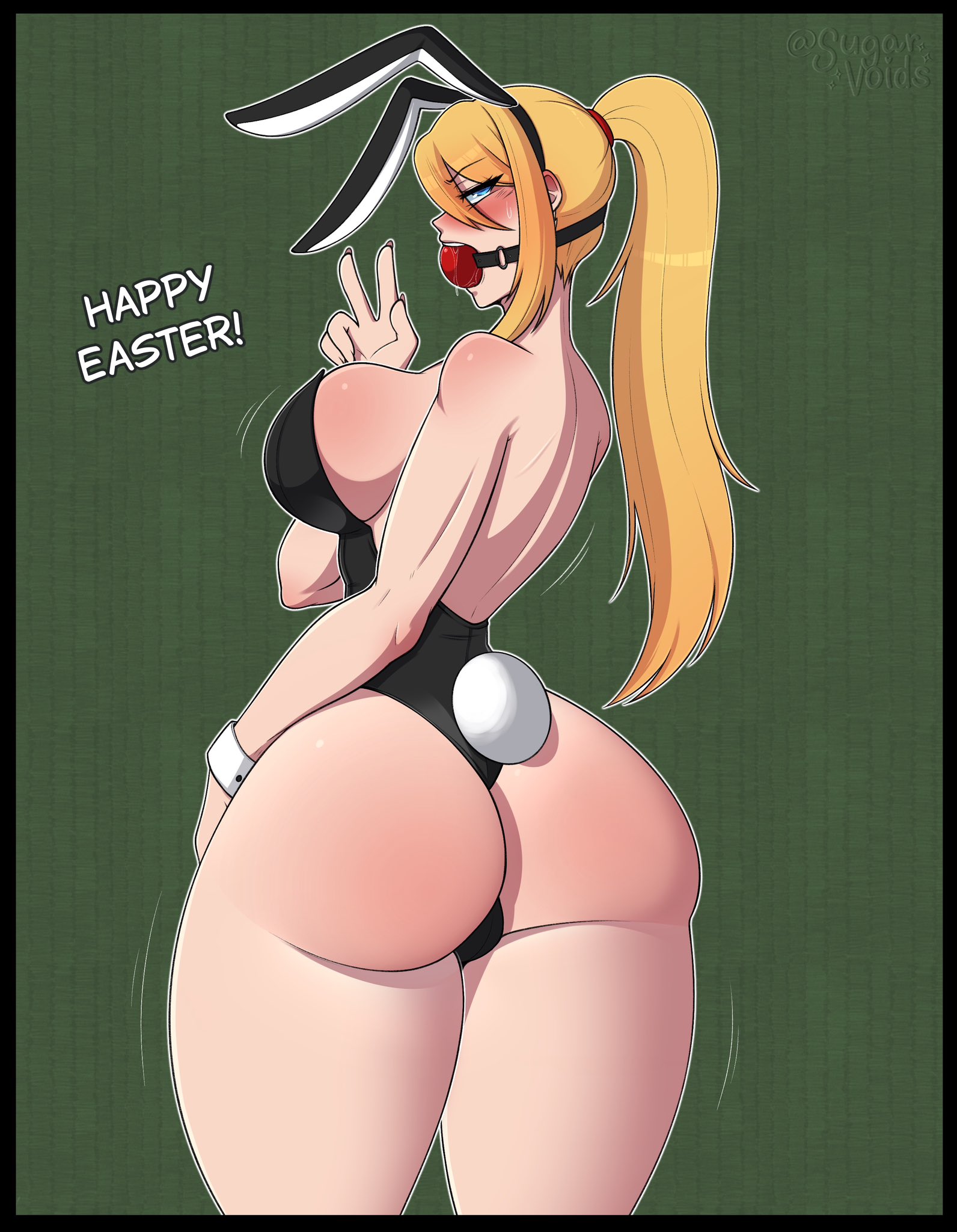 1girls, ass, ass focus, back view, ball gag, big ass, big breasts, big butt, blonde hair, blue eyes, blush, boobs and butt pose, breasts, bunny ears, bunny girl, bunny tail, bunnysuit, exposed back, female, female only, gag, gagged, large breasts, light-skinned female, looking at viewer, looking back, metroid, nintendo, peace sign, ponytail, samus aran, solo, solo female, sugarvoids, thick thighs, thin waist, wide hips