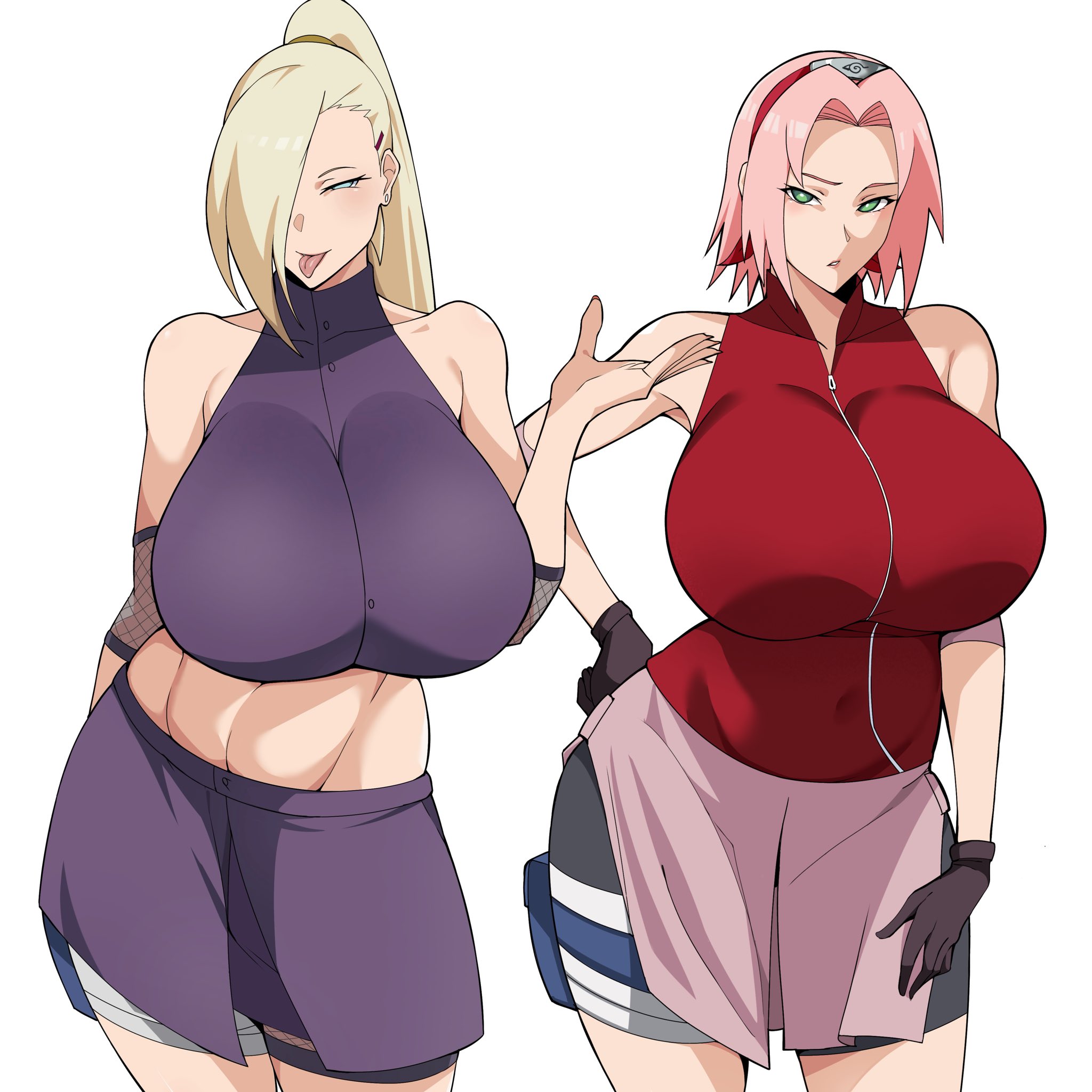 :p, 2girls, airi akura, bare shoulders, big breasts, black gloves, blonde hair, breasts, clothing, earrings, female, female only, fishnets, gloves, green eyes, hair over one eye, hand on hip, haruno sakura, huge breasts, ino yamanaka, long hair, looking at viewer, miniskirt, naruto (series), navel, ninja, pink hair, ponytail, sakura haruno, skirt, tagme, tongue, tongue out, yamanaka ino