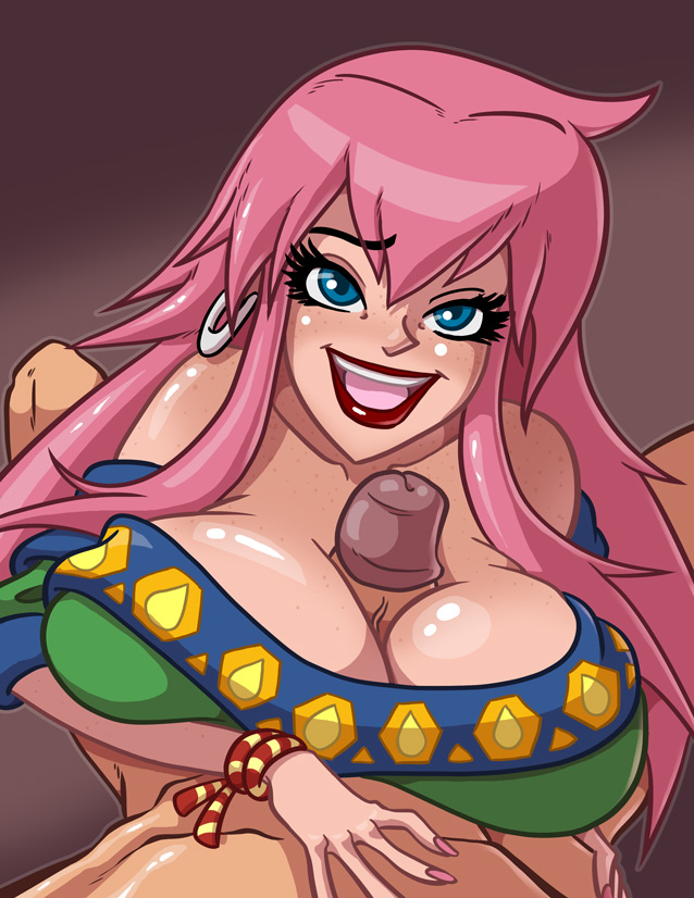 1boy 1girls alternate_breast_size bare_shoulders big_breasts blue_eyes breast_press breasts cleavage dress elle female huge_breasts large_breasts lipstick long_hair male nail_polish open_mouth paizuri paizuri_under_clothes penis phazyn pink_hair pov soulblazer_trilogy straight terranigma