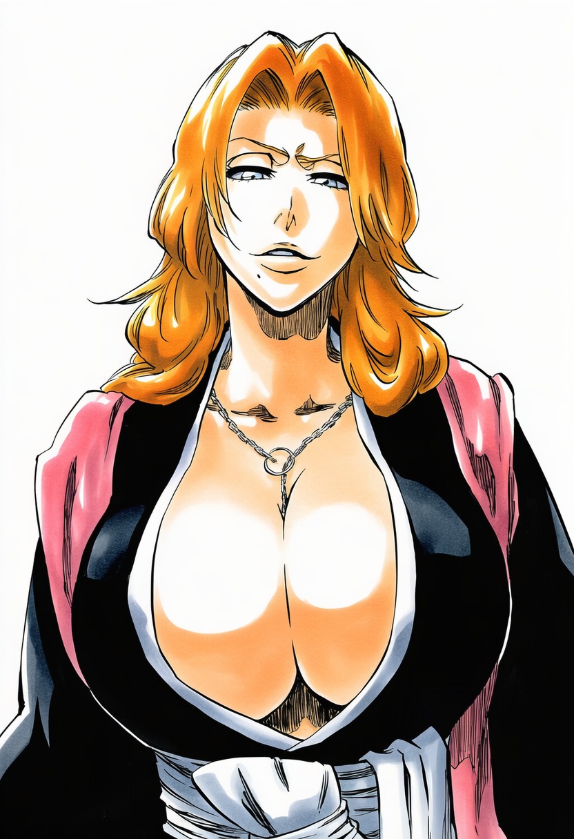 1girls, accurate art style, accurate body type, ai generated, between breasts, big breasts, black kimono, bleach, blue eyes, breasts, busty, cel shading, chain necklace, chains, cleavage, cleavage focus, clothed, clothing, collarbone, facing viewer, female, female focus, female only, front view, hair over shoulder, half-closed eyes, haori, highres, japanese clothes, jewelry, kimono, large breasts, light skin, light-skinned female, line art, long hair, looking at viewer, manga style, matsumoto rangiku, mature female, mole, mole under mouth, necklace, neutral expression, no bra, orange hair, parted lips, pink scarf, portrait, sash, scarf, shawl, shihakusho, shinigami, shiny hair, shiny skin, simple background, smile, smirk, solo, solo focus, standing, tite kubo style, traditional clothes, upper body, wavy hair, white background, white sash