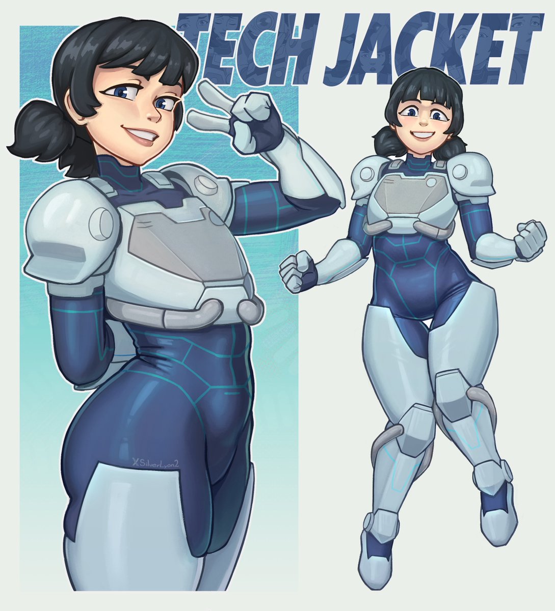 1girls, 2026, armor, armored female, ass, big butt, big penis, black hair, blue eyes, bodysuit, butt, english text, female only, invincible, invincible (tv series), silverlyon2, small breasts, tech jacket, tech jacket (zoe thompson), text, thick, thick thighs, thight clothing, wide hips, zoe thompson