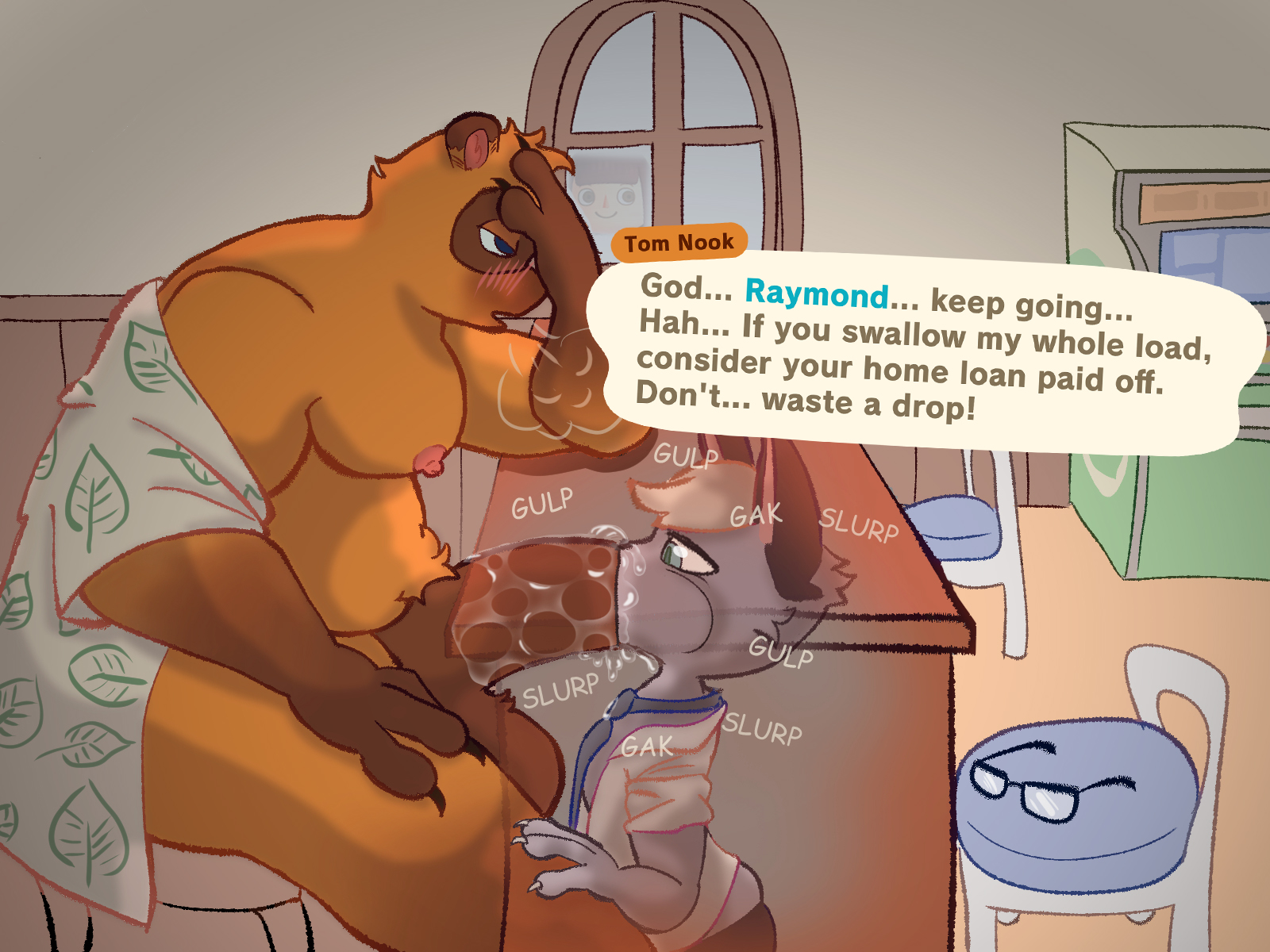 2boys, animal crossing, big cock, bigger male, cock size difference, father mirinda, feline, gay, gay male, half-dressed, looking at penis, male, male/male, man boobs, man breasts, nintendo, oral, oral sex, precum, precum on penis, raymond (animal crossing), size difference, smaller male, sucking, sucking penis, table, tanuki, tom nook, tom nook (animal crossing), under the table