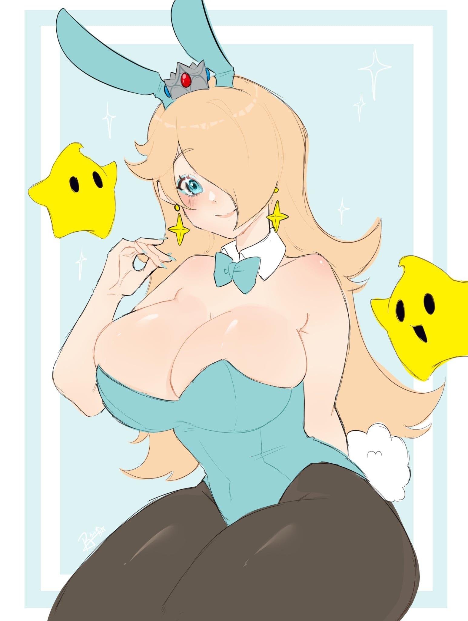 1girls, animal ears, big breasts, blonde hair, blue eyes, breasts, bunny ears, bunny girl, bunny tail, bunnysuit, cleavage, clothing, crown, detached collar, earrings, female, female only, hair over one eye, huge breasts, jewelry, leotard, lips, long hair, luma, mario (series), nail polish, nintendo, pantyhose, princess rosalina, sitting, solo, sparkle, star (symbol), star earrings, striped, super mario galaxy, tagme, tail, thick thighs, thighs