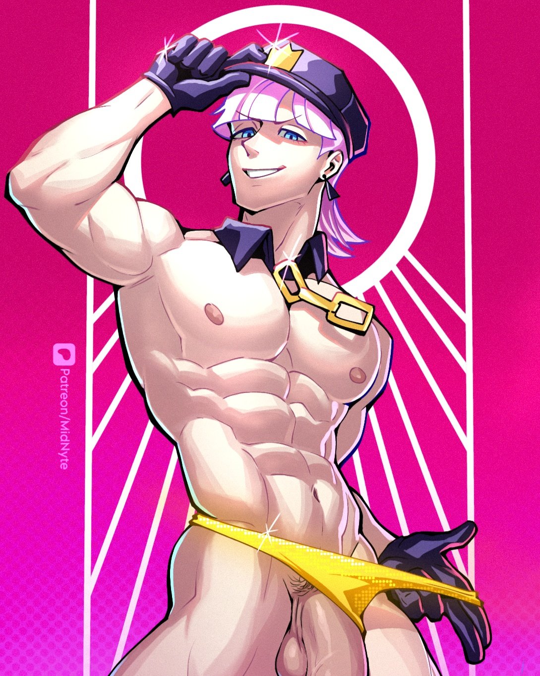 1boy, abs, blue eyes, gay, gloves, hand on head, male only, midnyte, muscular, new panty & stocking with garterbelt, nytnyte, panty & stocking with garterbelt, penis, pink hair, polyurethane (psg), smile, solo male, taking clothes off, thong