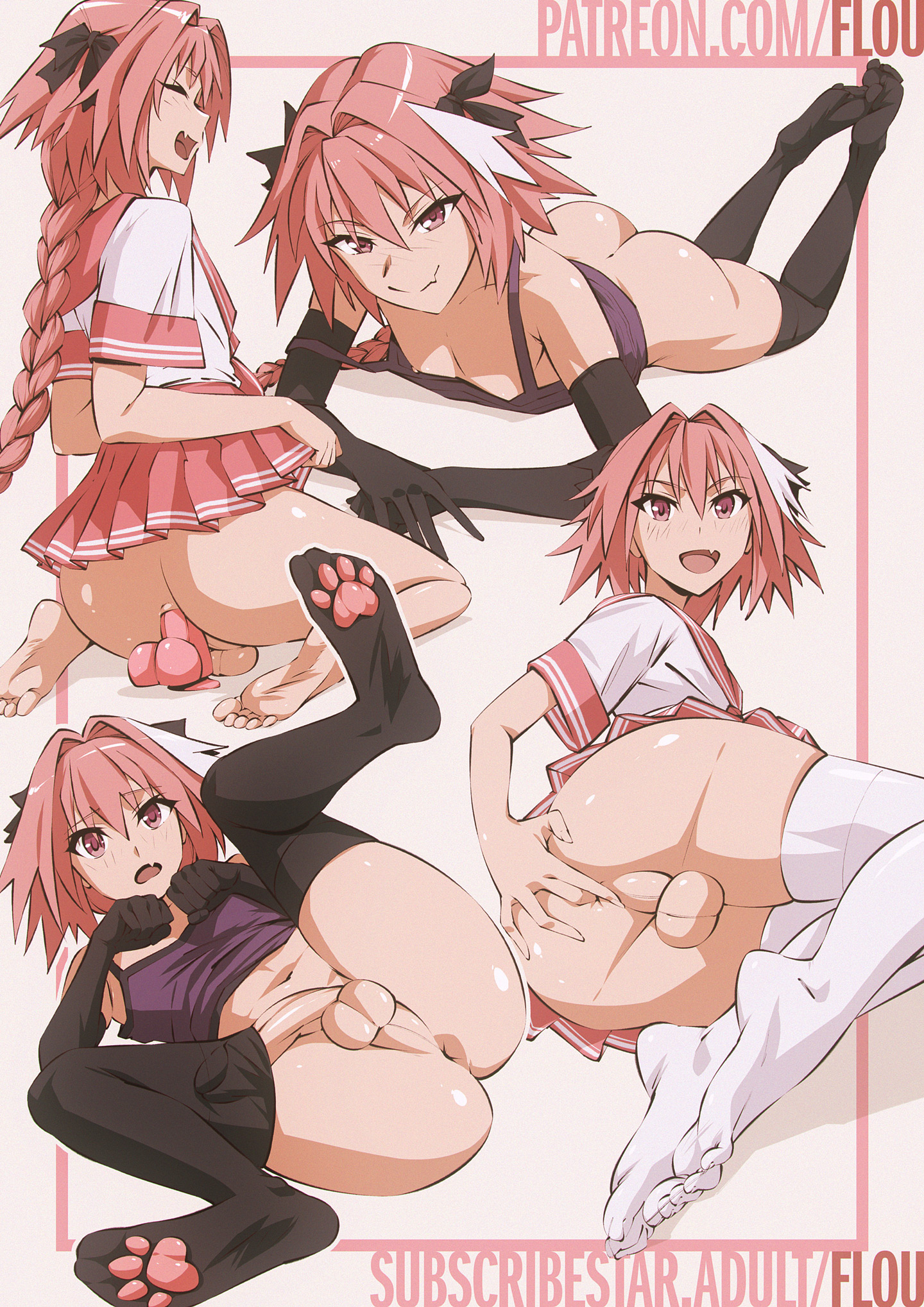 1boy, 2d, astolfo (fate), balls, ballsack, fate (series), feet, femboy, flou, light skin, light-skinned male, male, male only, pink hair, solo, solo male, tagme