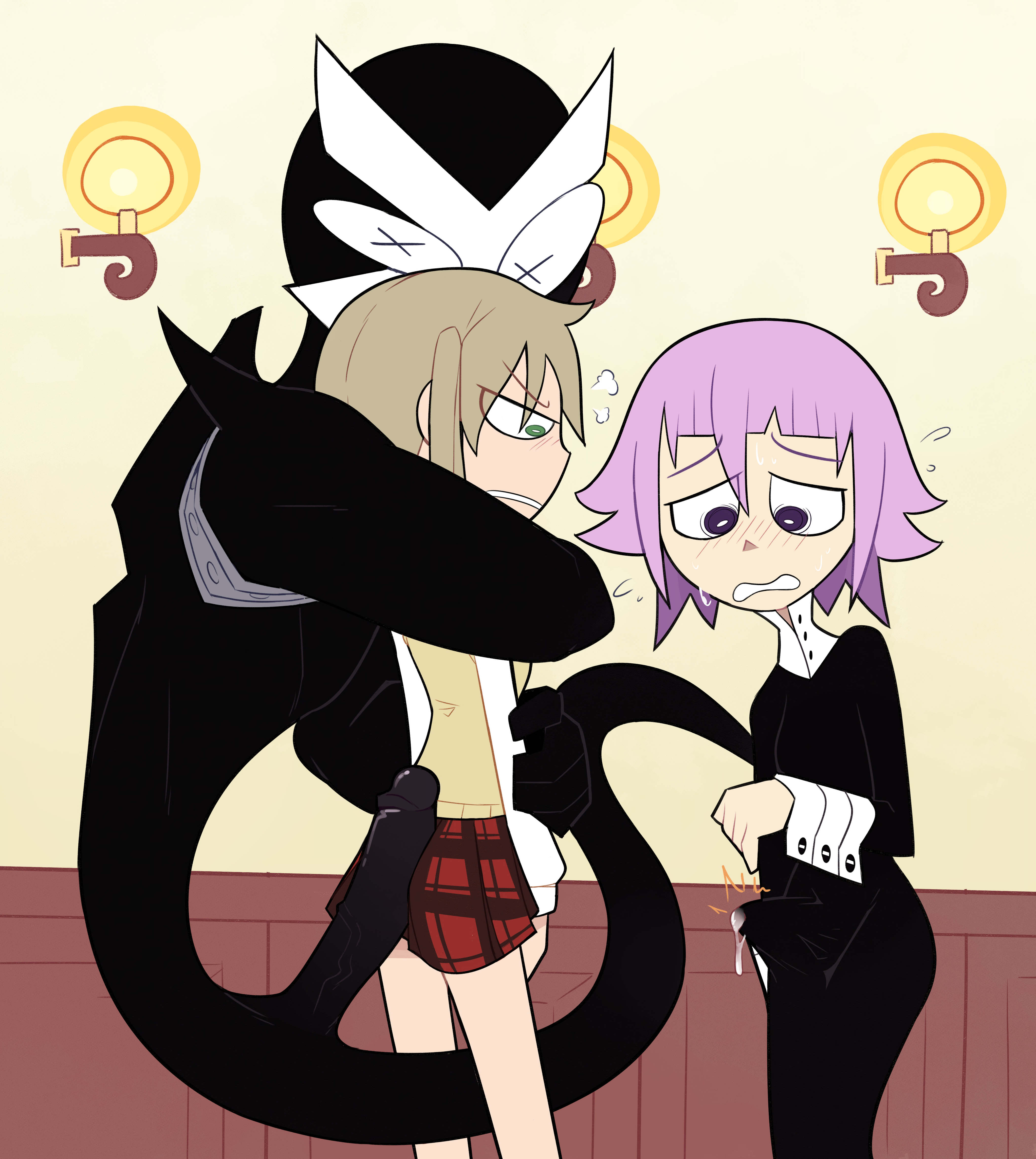 1other, 2boys, androgynous, black bodysuit, black dress, blonde hair, blush, bodysuit, bulge, bulge through clothing, clenched teeth, covered penis, crona (soul eater), cum, cum in clothes, ejaculation, erection, erection under clothes, feet out of frame, female, flying sweatdrops, futanari, green eyes, hair between eyes, hug, indoors, long sleeves, looking at another, maka albarn, miniskirt, miscon, multiple boys, open mouth, penis, pink hair, plaid, plaid skirt, pleated skirt, precum, purple eyes, purple hair, ragnarok (soul eater), red skirt, school uniform, shirt, short hair, skirt, soul eater, standing, straight, teeth, vest, white shirt, x x, yaoi