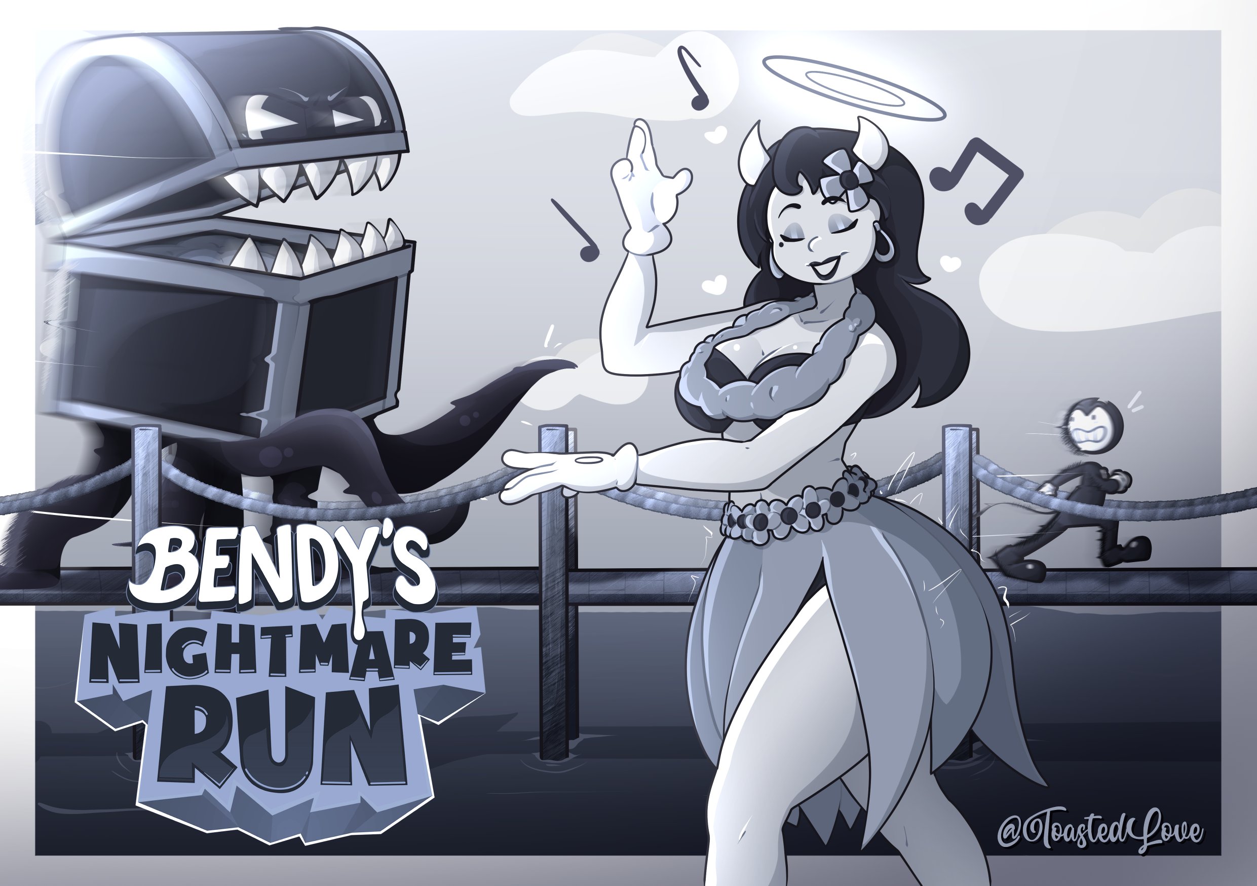 2026, 2d, 2d (artwork), 2d artwork, alice angel, angel, angel girl, artist logo, artist name, beanontoast, bendy and the ink machine, bendy the dancing demon, big breasts, black body, black hair, demon, female, halo, hula dancer, hula skirt, monochrome, tentacle, tentacle monster, tentacles, thick thighs, white body