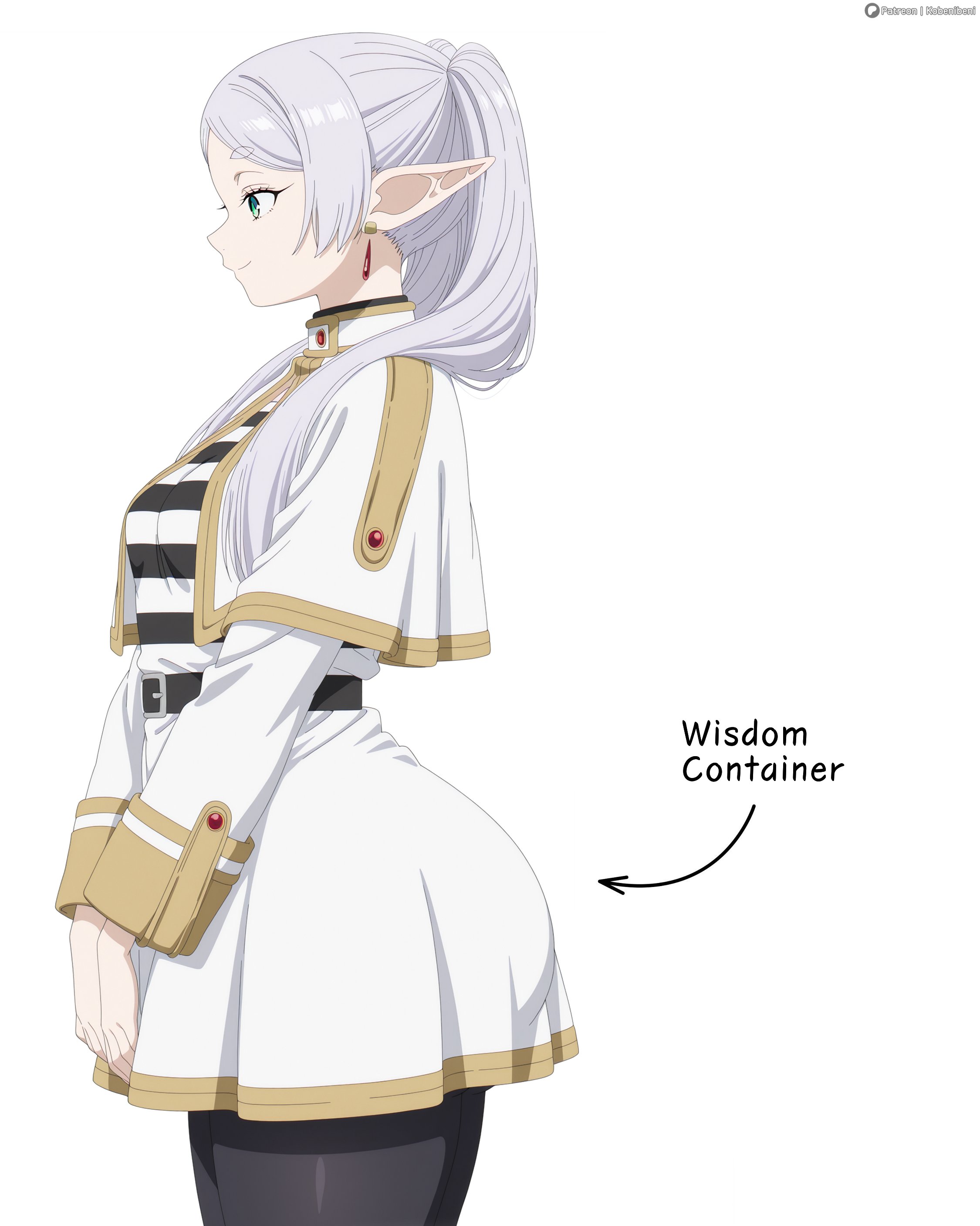 1girls, artist name, ass, big ass, black legwear, capelet, clothing, dress, earrings, elf, evil container, female, female only, frieren, green eyes, jewelry, long hair, long sleeves, pantyhose, pointy ears, profile, smile, solo, sousou no frieren, twintails, white background, white hair