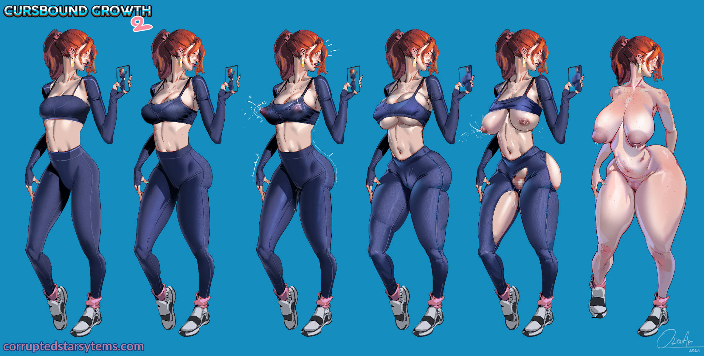 ass expansion, breast expansion, clothes ripping, freckles, groping self, growth sequence, huge breasts, leggings, orionart, red hair, self grope, transformation, transformation sequence, wardrobe malfunction, wide hips