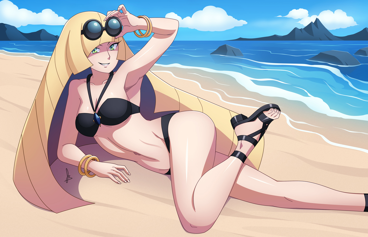 1girl, adjusting eyewear, arm up, bangle, beach, big breasts, bikini, black bikini, black sandals, black-framed eyewear, blonde hair, bracelet, bracelets, breasts, cloud, collarbone, day, eyewear on head, game freak, green eyes, grin, jewelry, leg up, long hair, looking at viewer, lusamine (pokemon), mature female, mixed-language commentary, navel, nintendo, outdoors, pokemon, pokemon (anime), pokemon sm, pokemon sun and moon, sand, sandals, scott bennett, shiny skin, shore, sky, smile, solo, sunglasses, swimsuit, teeth, toes, water