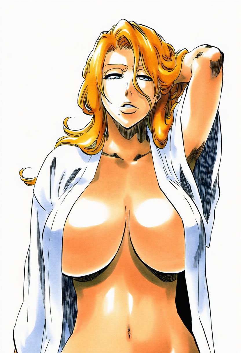 1girls, accurate art style, accurate body type, adjusting hair, ai generated, arm up, armpits, bare midriff, belly, belly button, big breasts, bleach, blue eyes, bottomless, breasts, busty, cel shading, cleavage, clothing, collarbone, curvy, facing viewer, female, female focus, female only, front view, glossy, glossy body, hair between eyes, hair over shoulder, hand behind head, highres, hourglass figure, huge breasts, large breasts, light skin, light-skinned female, line art, long hair, looking at viewer, loose clothes, manga style, matsumoto rangiku, mature female, midriff, mole, mole under mouth, naked shirt, navel, no bra, open clothes, open shirt, orange hair, out-of-frame censoring, parted lips, portrait, raised arm, shinigami, shiny hair, shiny skin, shirt, simple background, solo, solo focus, standing, tite kubo style, upper body, wavy hair, white background, white shirt, wide sleeves