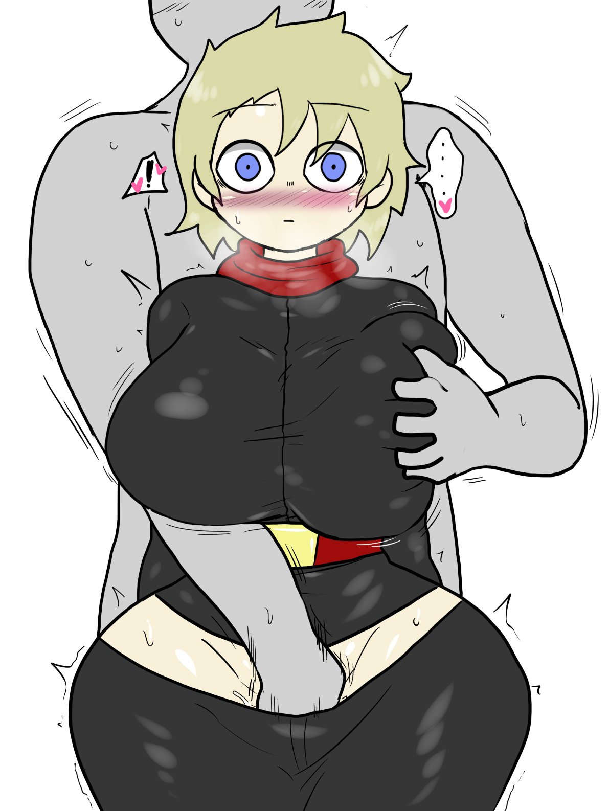 1boy, 1girls, big breasts, blue eyes, blush, enigi09, erika (enigi09), faceless male, female, fingering, grabbing, grabbing another's breast, grabbing from behind, male, male/female, original, original character, spoken heart, sweat, sweating, tagme, white background, wide hips