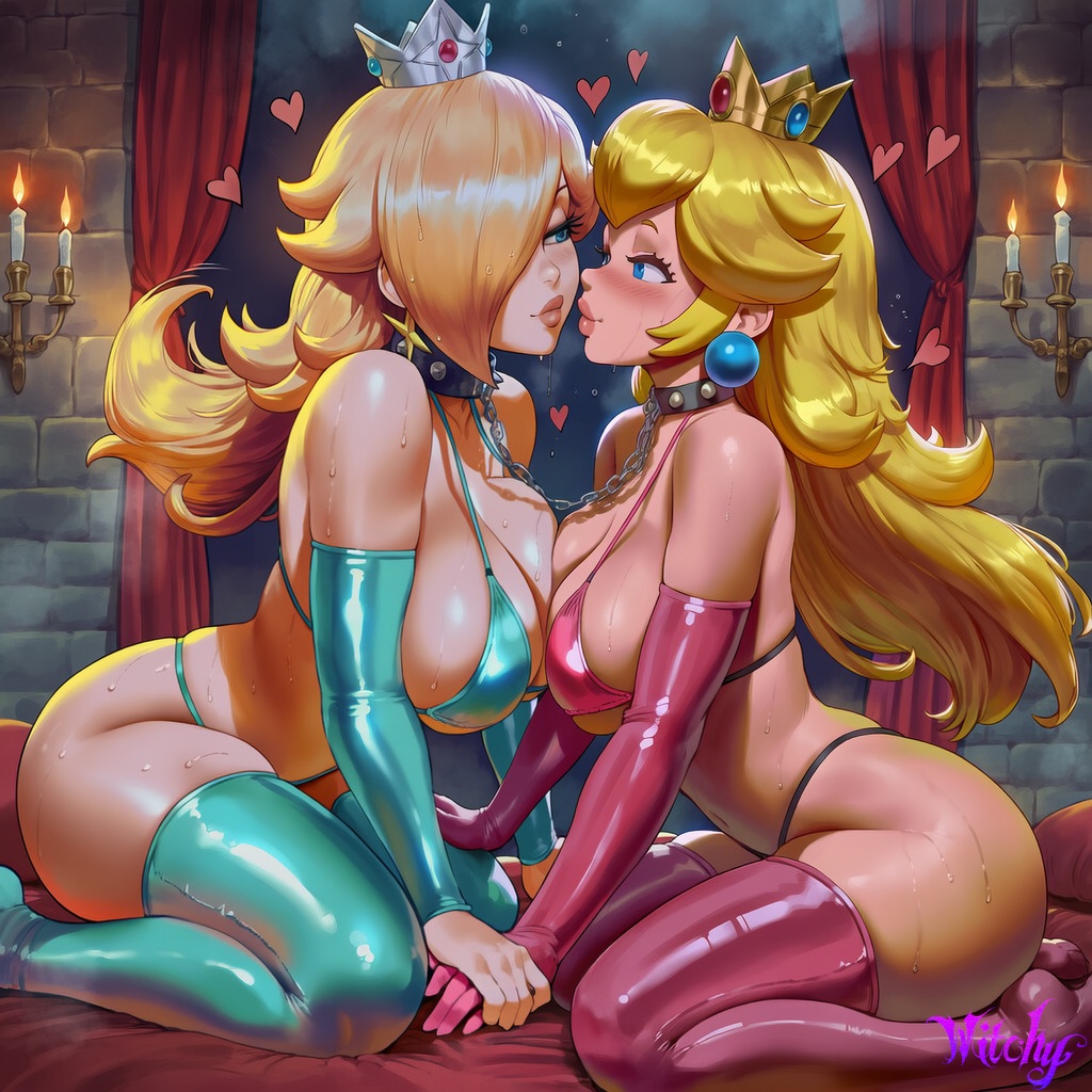 2girls, ai generated, alternate version available, arching, arching back, ass, blue legwear, child bearing hips, collar, curvaceous, curvaceous ass, curvaceous body, curvaceous female, curvaceous figure, curvaceous hips, curvaceous thighs, curvy, curvy body, curvy female, curvy figure, curvy hips, curvy thighs, elbow gloves, female, female focus, human female, imminent kiss, indoors, light skin, light-skinned female, long hair, mario (series), mature, mature female, metal collar, nintendo, pink legwear, princess, princess peach, princess rosalina, royalty, thick, thick hips, thick legs, thighhighs, voluptuous, voluptuous female, waifu, wide hips, witchy, yuri