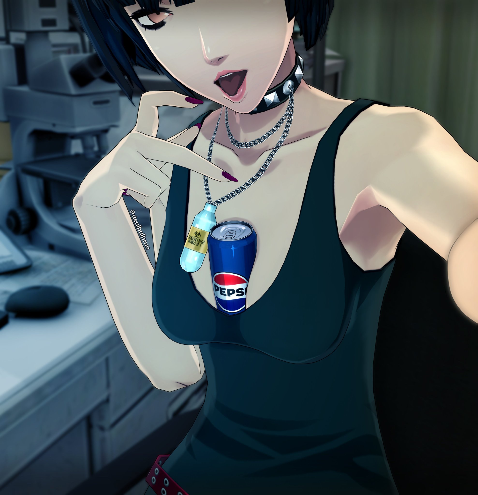 1girls, 3d, anime girl, anime style, belt, blue hair, breasts, brown eyes, can between breasts, choker, cleavage, cleavage cutout, collar, female, female only, goth, goth girl, gothic, gothic girl, long nails, mascara, medic, medium breasts, megami tensei, necklace, nsfw, object between breasts, pale skin, pale-skinned female, pepsi, persona, persona 5, persona 5 royal, posing, selfie, short hair, skirt, sleeveless shirt, smirking, smirking at viewer, spiked collar, stealballsrun, tae takemi, tanktop, teasing, teasing viewer