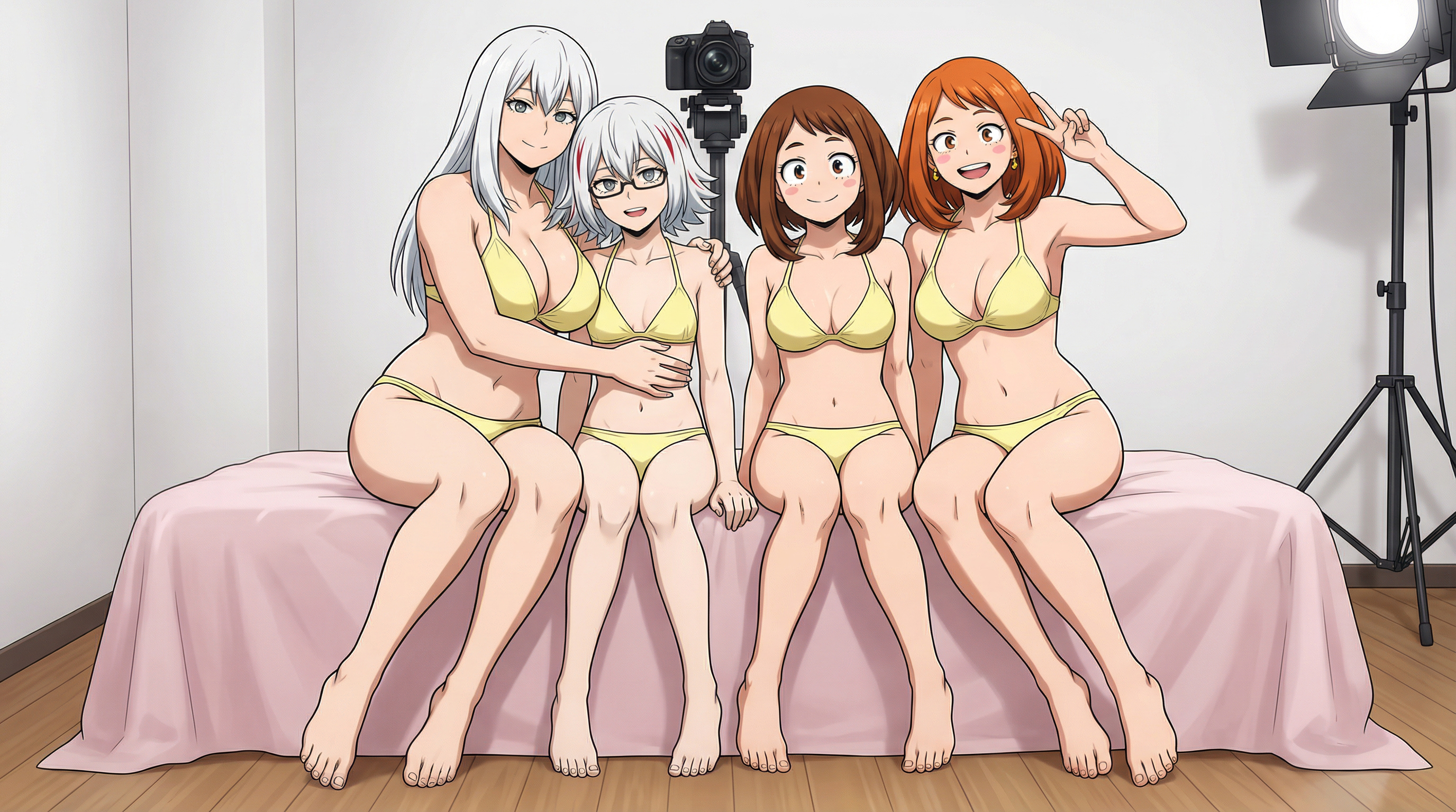 4girls, ai generated, bed, before sex, bikini, blush, breasts, cheating (relationship), feet, female, female only, fuyumi todoroki, glasses, group, large breasts, legs, mother, mother and daughter, multiple girls, my hero academia, netorare, ochako's mother, porn shoot, red hair, rei todoroki, small breasts, smile, tight clothes, todoroki fuyumi, todoroki rei, uraraka ochako, white hair
