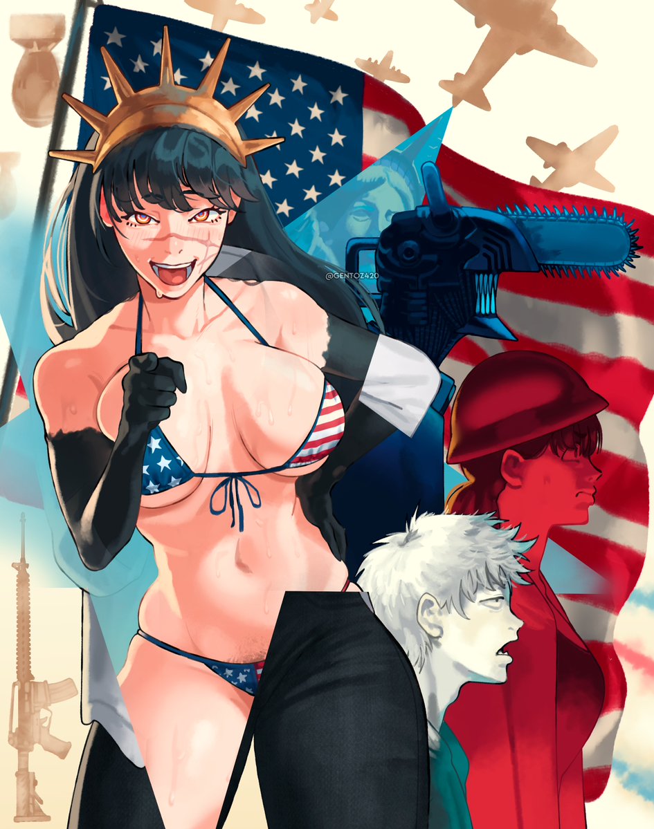 2boys, 2d, 2d (artwork), 2girls, aircraft, airplane, american flag, american flag bikini, big breasts, bikini, black hair, blush, blush lines, chainsaw devil, chainsaw man, denji (chainsaw man), gentoz (artist), gloves, gun, helmet, i want you, long hair, looking at viewer, mitaka asa, no sex, nuclear bomb, open mouth, pubic hair, scar, scar on face, scars, smile, smile at viewer, statue of liberty, sweat, sweatdrop, swimsuit, watermark, weapon, yellow eyes, yoru (chainsaw man)