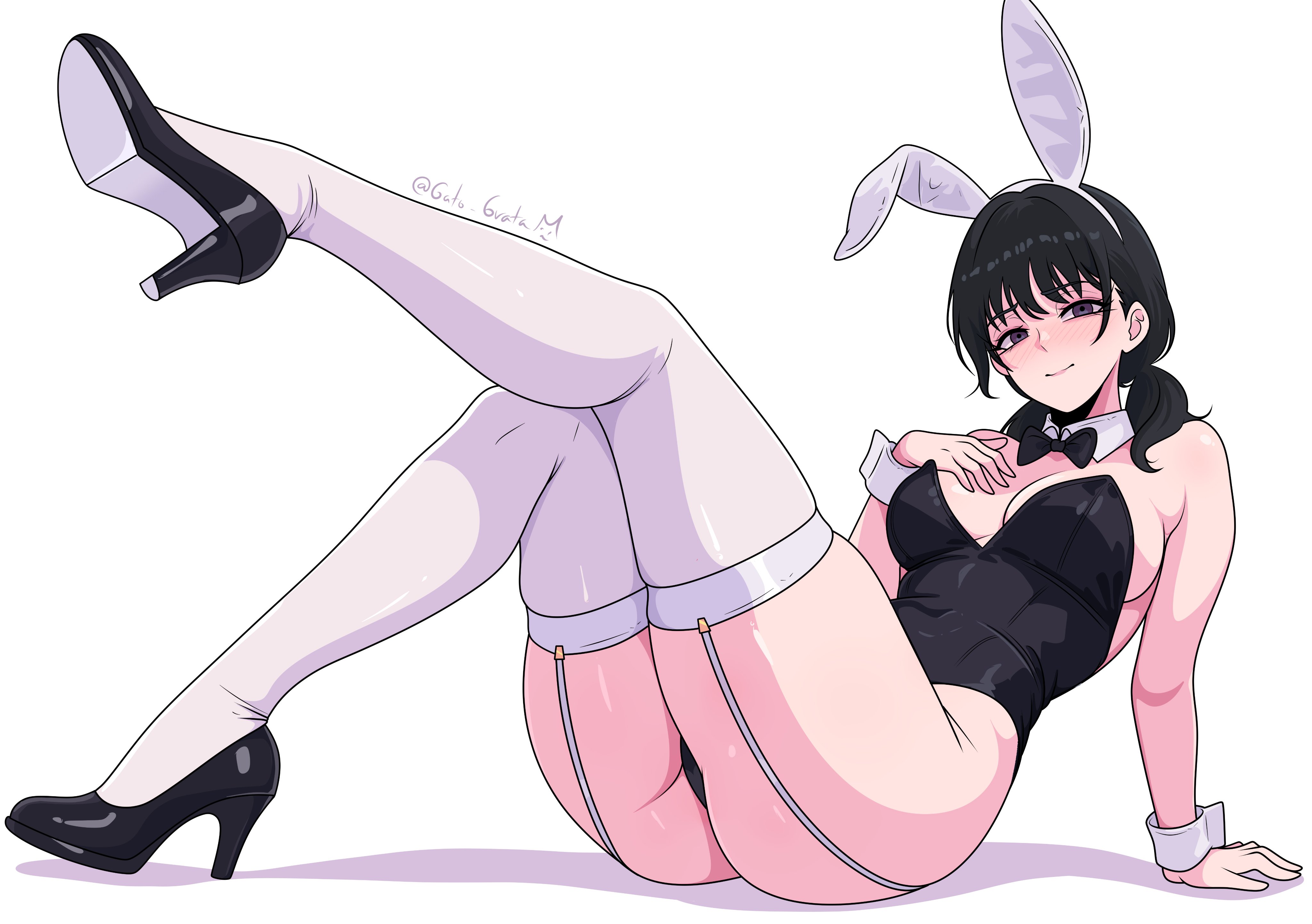 1girls, 2026, 2d, 2d (artwork), artist name, ass, black hair, breasts, bunny ears, bunnysuit, chainsaw man, cleavage, collar, color, colored, curvy, curvy female, curvy figure, digital media (artwork), dress, embarrassed, fake animal ears, female, female only, full body, garter straps, gato gratam, hair, heels, hi res, high heels, legs, leotard, light skin, light-skinned female, looking at viewer, low-angle view, mappa, medium breasts, mitaka asa, nervous, purple eyes, short hair, shy, simple background, solo, solo female, thick, thick ass, thick thighs, thighhighs, thighs, twintails, white background, wide hips