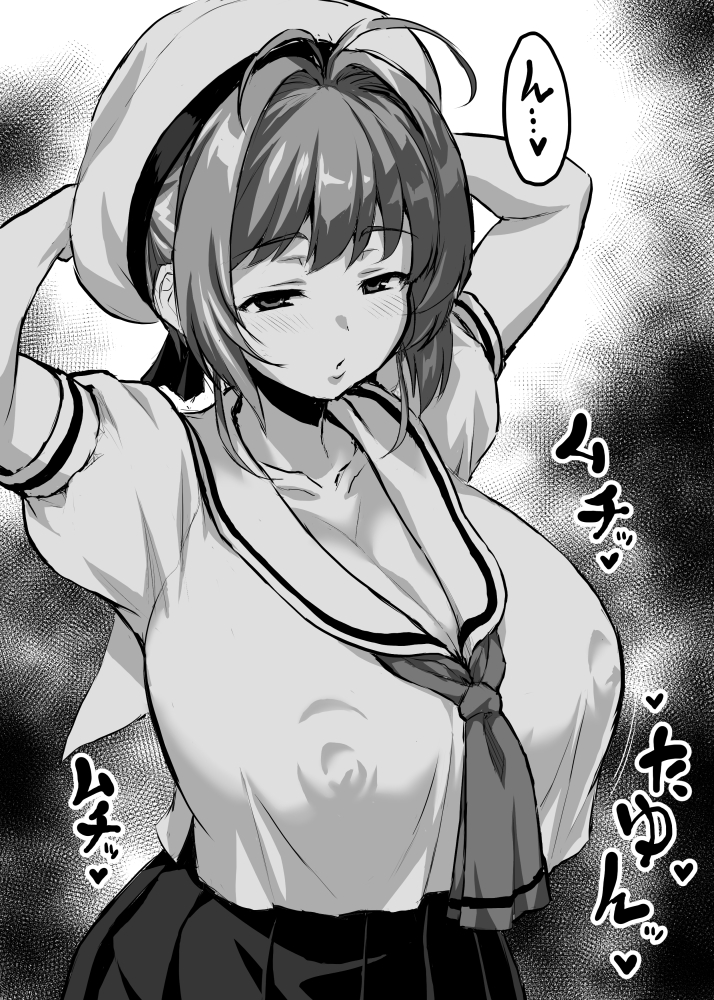 alternate breast size (larger), antenna hair, arms behind head, blush, breasts, cardcaptor sakura, covered erect nipples, female, hair intakes, hat, japanese text, large breasts, nipples, otoo (izanagi), pleated skirt, puffy short sleeves, puffy sleeves, sailor collar, sakura kinomoto, school uniform, serafuku, short hair, short sleeves, skirt, to-gnaniwa