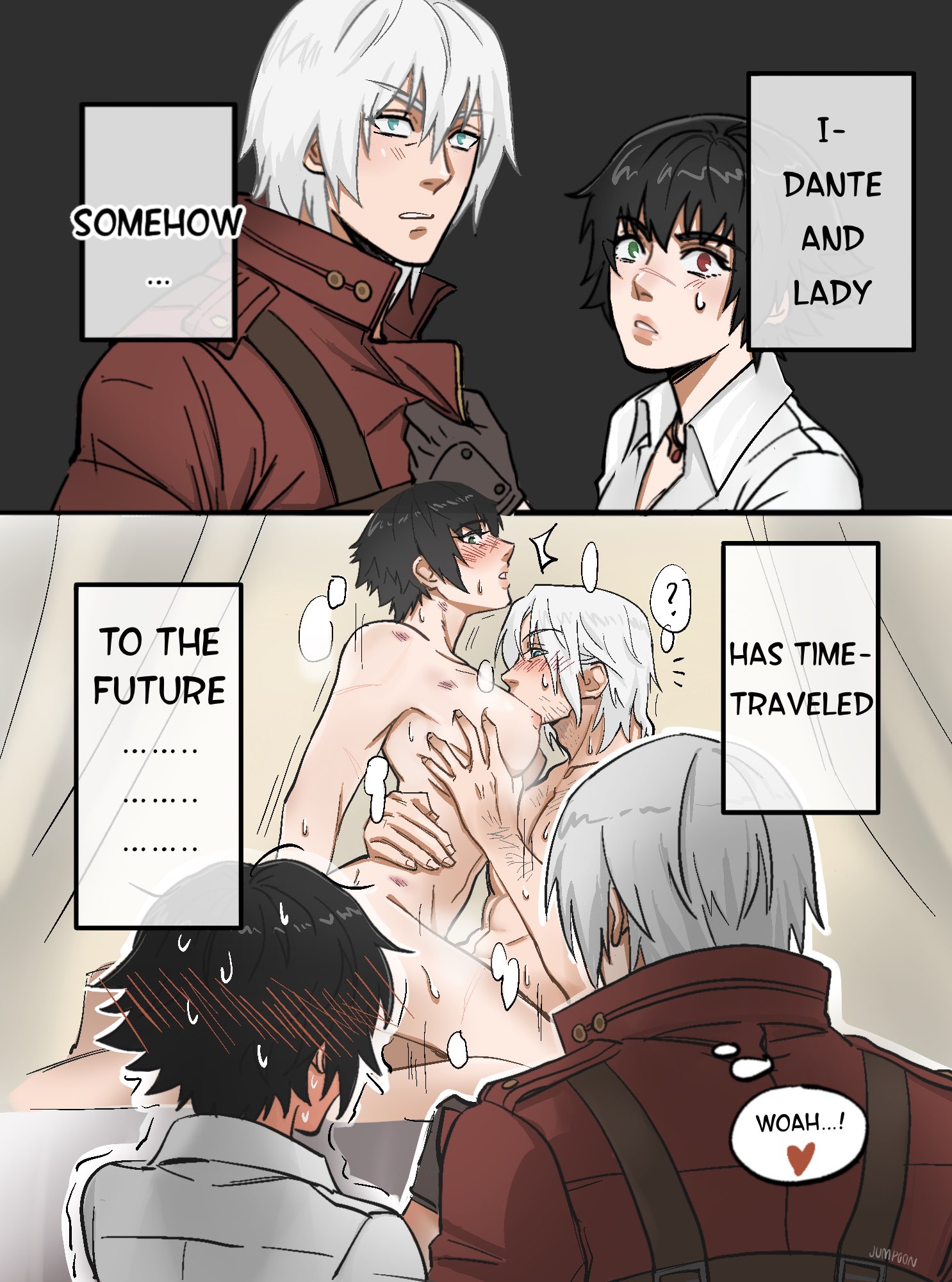 1boy, 1girls, 2d, ass, balls, bed, big breasts, bite, bite mark, bite mark on breast, bite mark on shoulder, bite marks, black hair, breast grab, breast squeeze, breast sucking, breasts, completely nude, completely nude female, completely nude male, cowgirl position, dante (devil may cry), devil may cry, devil may cry (series), devil may cry 3, devil may cry 5, female, future, hands on another's ass, hands on another's face, heterochromia, hickey, hickey marks, jumpoon, lady (devil may cry), lamp, lying, male, nipples, nude, nude female, nude male, on back, on bed, penis, pussy, scar, scar on face, scar on nose, sex, sucking breasts, sweat, testicles, upright straddle, vaginal penetration, voyeur, voyeurism, watching, watching sex, white hair, wolf cut