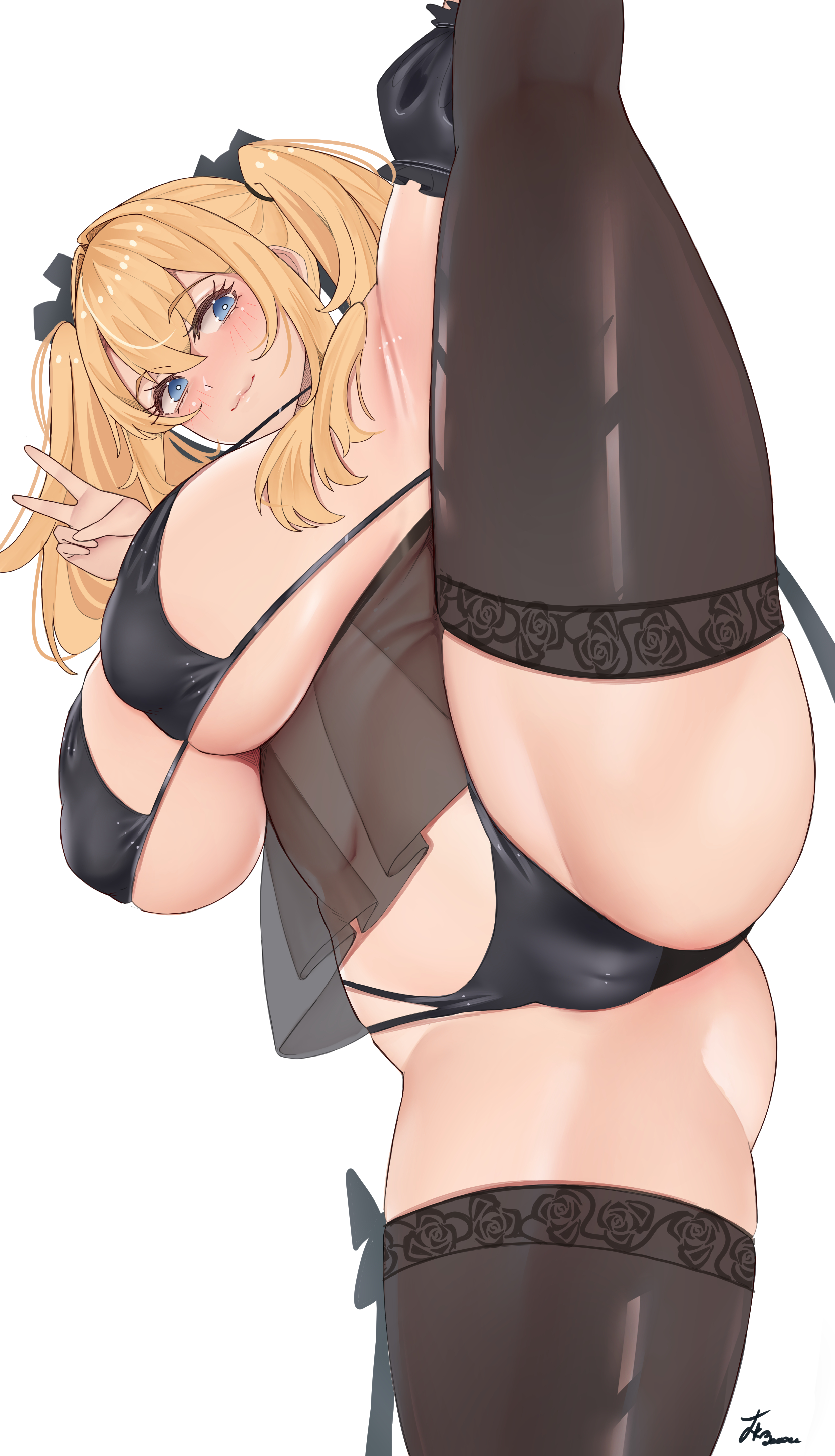 1girls, ani (twitter), ani (xai), big breasts, bimbo, black bra, black panties, black thighhighs, blonde hair, blue eyes, bra, breasts, cleavage, female, female only, hair, huge breasts, lace, lace trim, lace-trimmed thighhighs, leg grab, leg up, legwear, light-skinned female, lingerie, nightgown, one leg raised, one leg up, panties, peace sign, raised leg, smile, solo, solo female, taiko3000cc, thick thighs, thigh strap, thighighs, thighs, twintails, twitter, white background