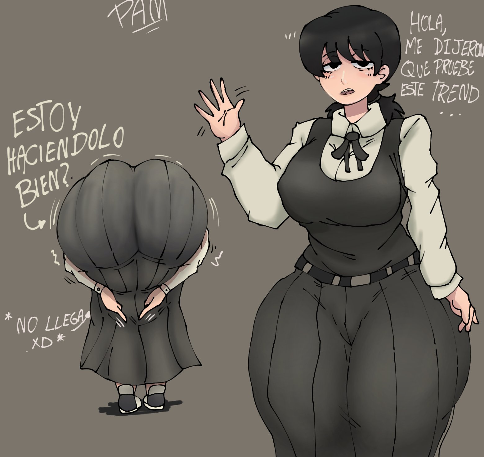 1girl, ass, ass focus, big ass, bubble ass, bubble butt, chainsaw man, enormous ass, fourth east high school uniform, gigantic ass, huge ass, large ass, miri adam, mitaka asa, praise da booty (meme), repost, talking to viewer, text, thick ass, thick thighs, voluptuous, voluptuous body, voluptuous female, wide hips, wide thighs