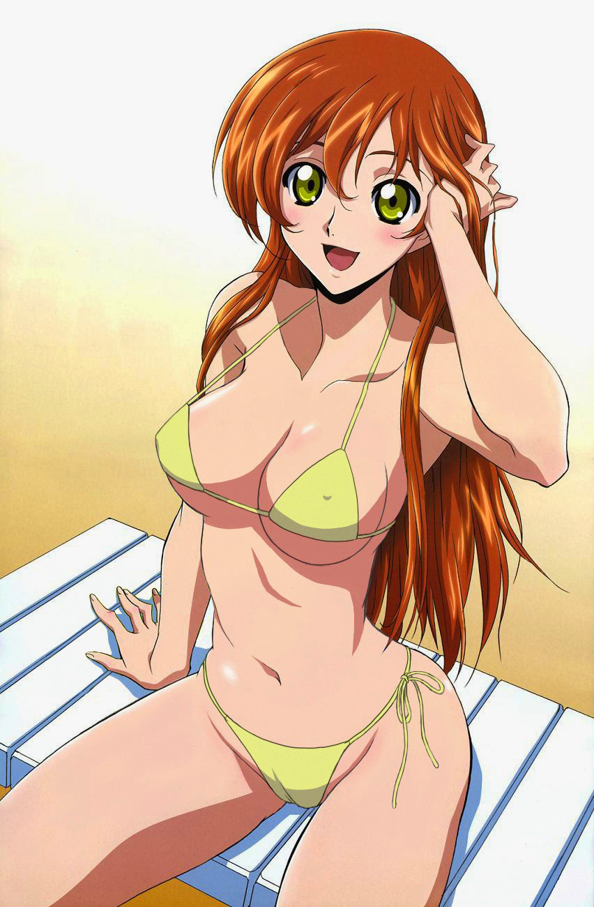 :d adjusting_hair arm_up bangs beach bikini blush breasts brown_hair chair cleavage code_geass erect_nipples female gloves green_eyes hair_between_eyes hand_on_head happy highres large_breasts long_hair looking_at_viewer lounge_chair navel official_art open_mouth outdoors parted_bangs payot sand shirley_fenette single_vertical_stripe sitting smile solo spread_legs swim_cap swimsuit thighs tight_clothes wet_hair wide_hips