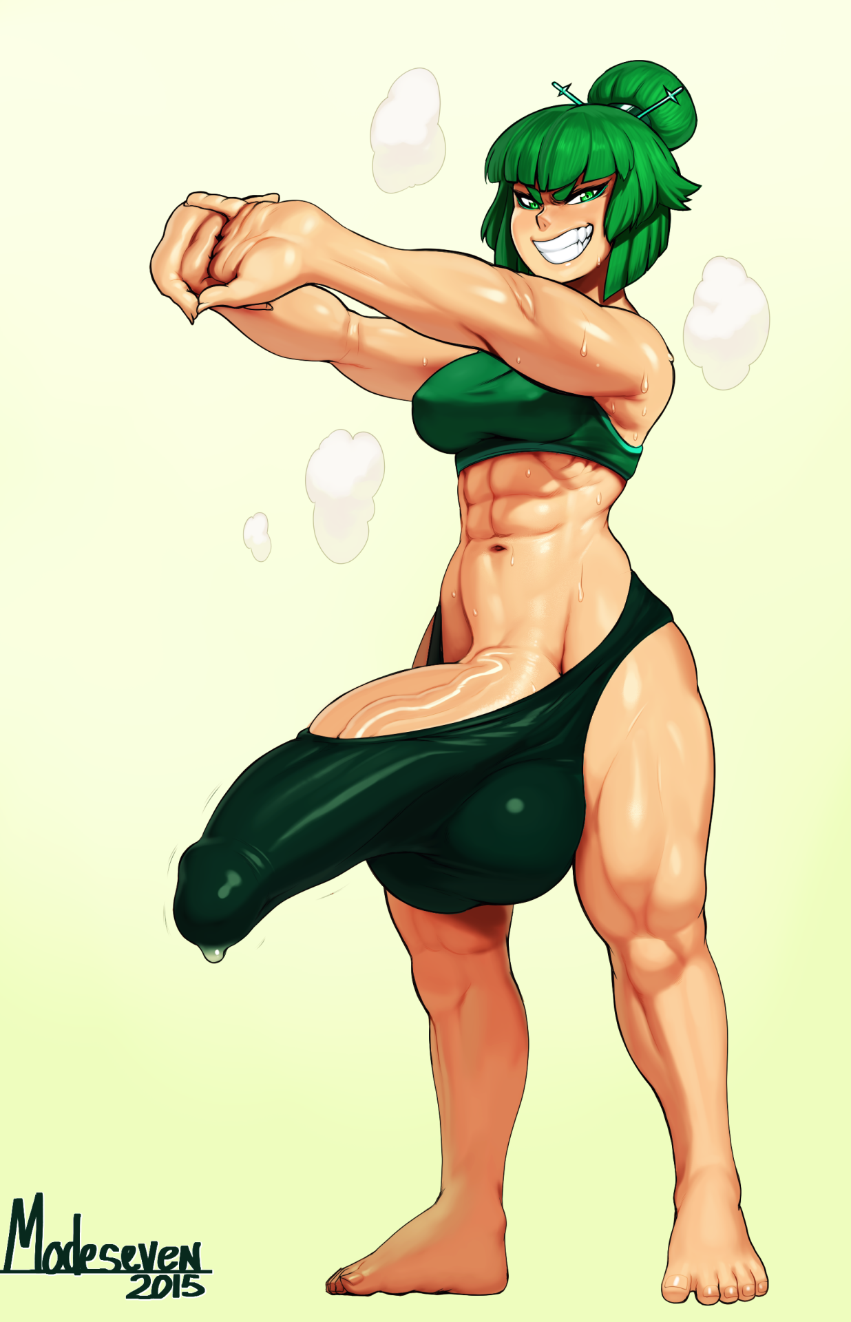 1futa, abs, balls, barefoot, bra, bulge, eyeliner, feet, futa only, futanari, green eyeliner, green eyes, green hair, grin, hair, hair bun, half-erect, huge cock, intersex, large penis, li wei, makeup, modeseven, muscular, muscular futa, navel, panties, penis, short hair, small but hung, smile, solo, solo futa, standing, testicles