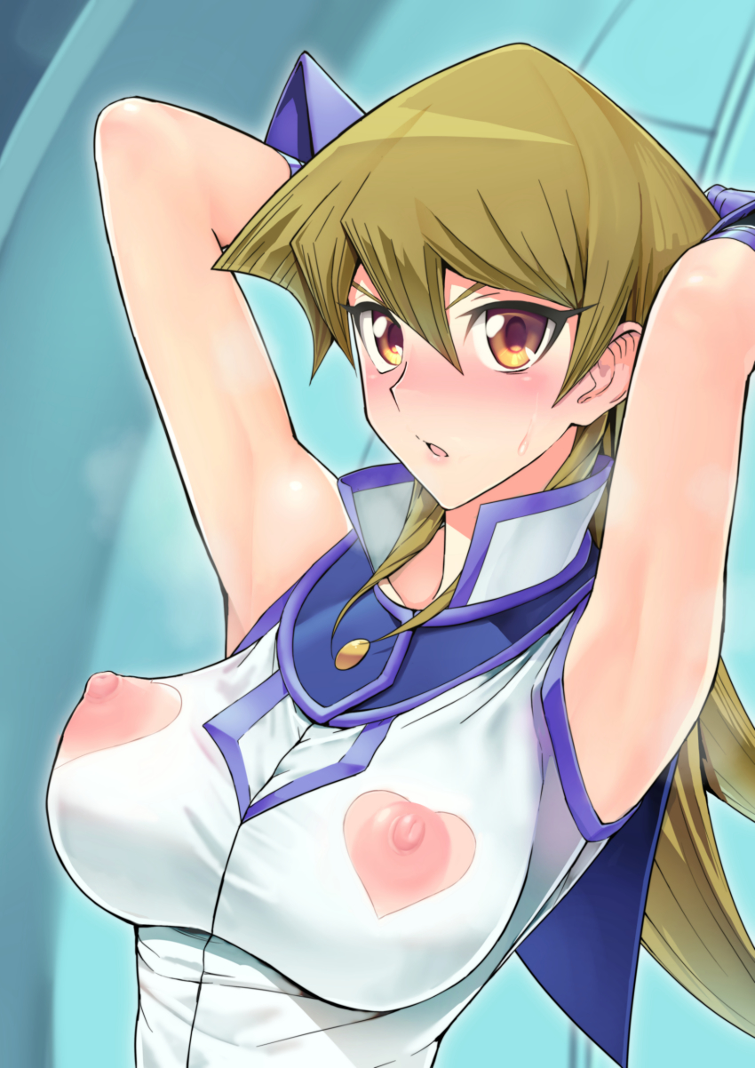alexis rhodes, areolae, armpits, blonde hair, blush, breasts, brown eyes, female, gloves, heart cutout, long hair, nipples, shounen jump, solo, sweat, tenjouin asuka, ts422, yu-gi-oh!, yu-gi-oh! gx