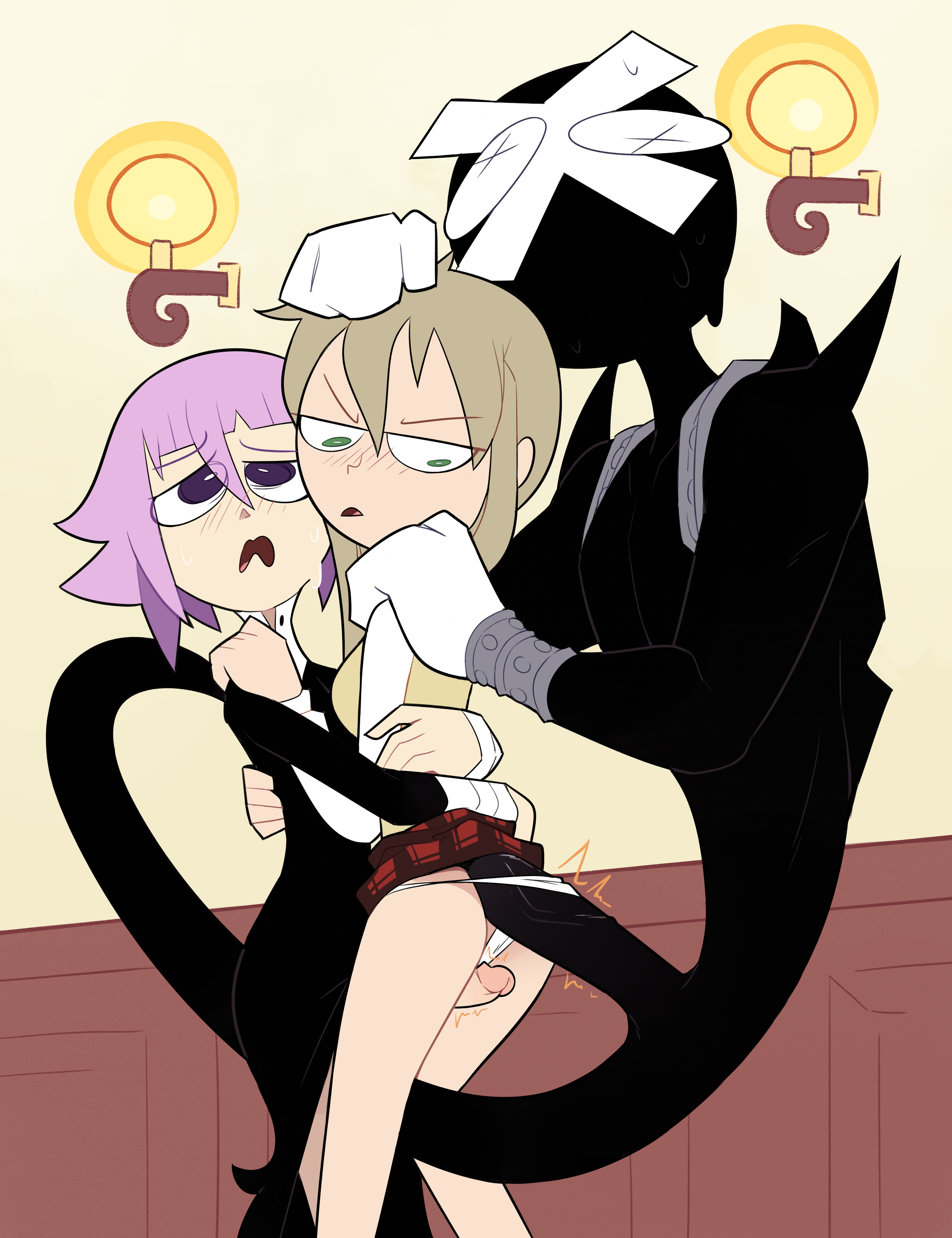 1boy, 1girl, 1other, annoyed, bandages, between legs, black dress, blonde hair, blush, breasts, clothes lift, collared shirt, crona (soul eater), dress, erection, female, furrowed brow, green eyes, grinding, hair between eyes, half-closed eyes, hand on another's head, hug, leg between thighs, long sleeves, looking at another, maka albarn, miscon, nose blush, open mouth, panties, penis, plaid, plaid skirt, purple eyes, purple hair, ragnarok (soul eater), red skirt, shirt, short hair, sidelocks, skirt, skirt lift, soul eater, standing, straight, thigh sex, trembling, uncensored, underwear, vest, white panties, white shirt