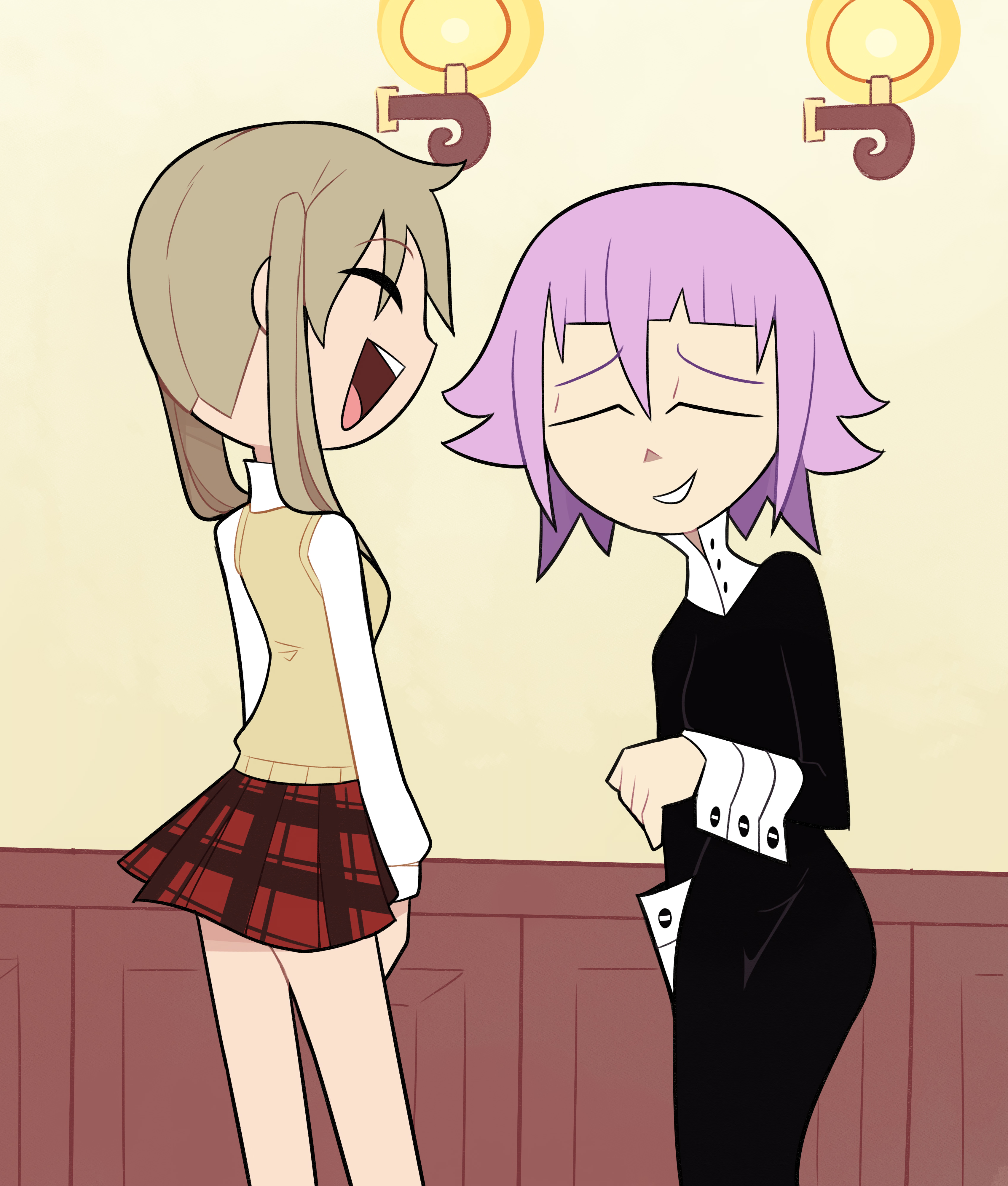 1boy, 1other, black dress, blonde hair, breasts, closed eyes, collared shirt, crona (soul eater), dress, facing another, feet out of frame, female, indoors, light brown hair, long hair, long sleeves, maka albarn, miscon, open mouth, parody, pink hair, plaid, plaid skirt, pleated skirt, purple hair, red skirt, school uniform, sfw, shirt, short hair, skirt, sleeve cuffs, smile, soul eater, standing, sweater vest, teeth, twintails, upper teeth only, vest, white shirt