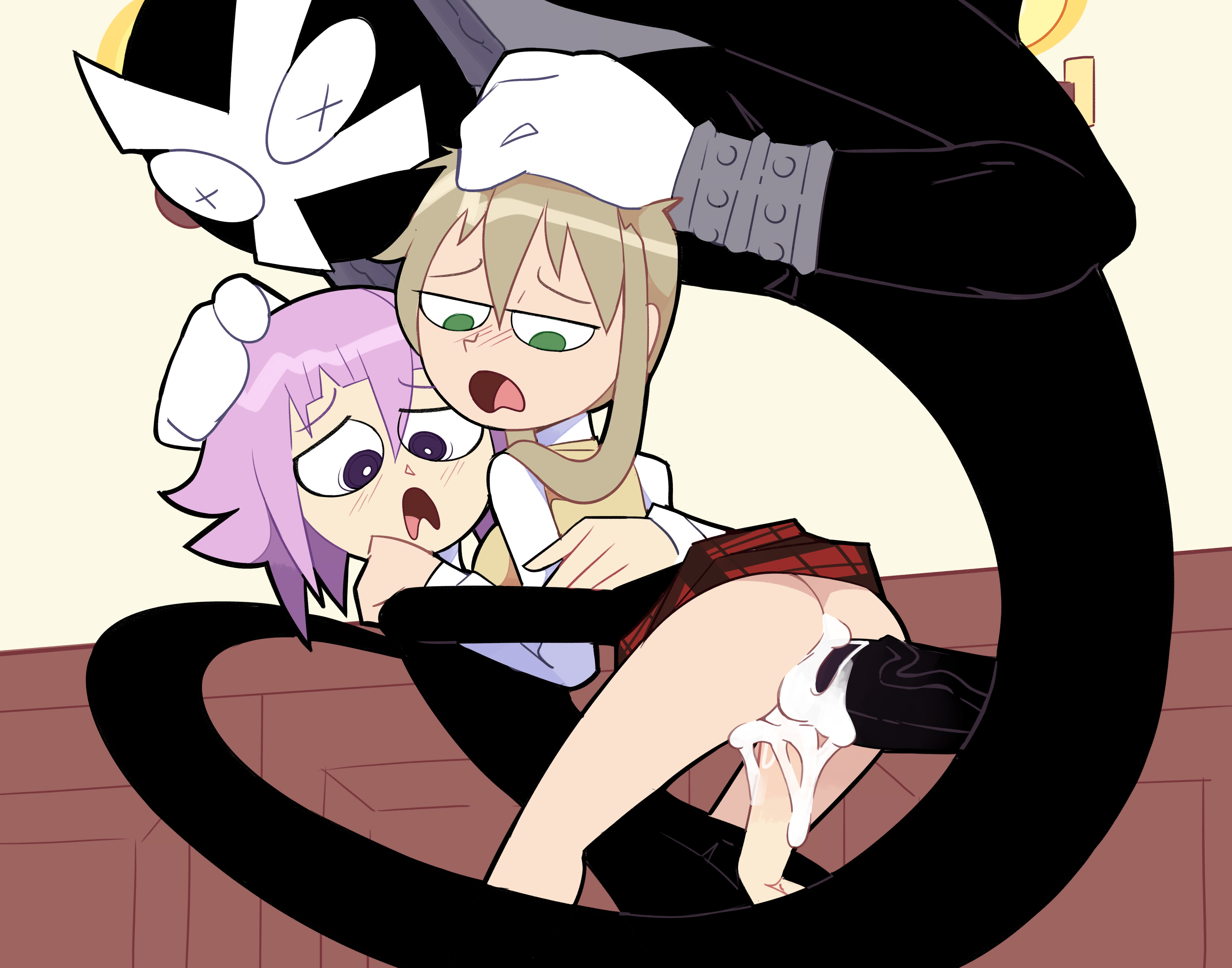 1boy, 1girl, 1other, anal, ass, blonde hair, blush, clothed sex, crona (soul eater), cum, cum in ass, cum in pussy, cum overflow, erection, female, gloves, green eyes, group sex, hair between eyes, huge cock, large penis, long hair, long sleeves, looking down, maka albarn, miscon, no panties, open mouth, penis, plaid, plaid skirt, pleated skirt, purple eyes, purple hair, ragnarok (soul eater), red skirt, school uniform, sex, shirt, size difference, skirt, skirt lift, soul eater, sweater vest, threesome, uncensored, veins, veiny penis, vest, white gloves, white shirt