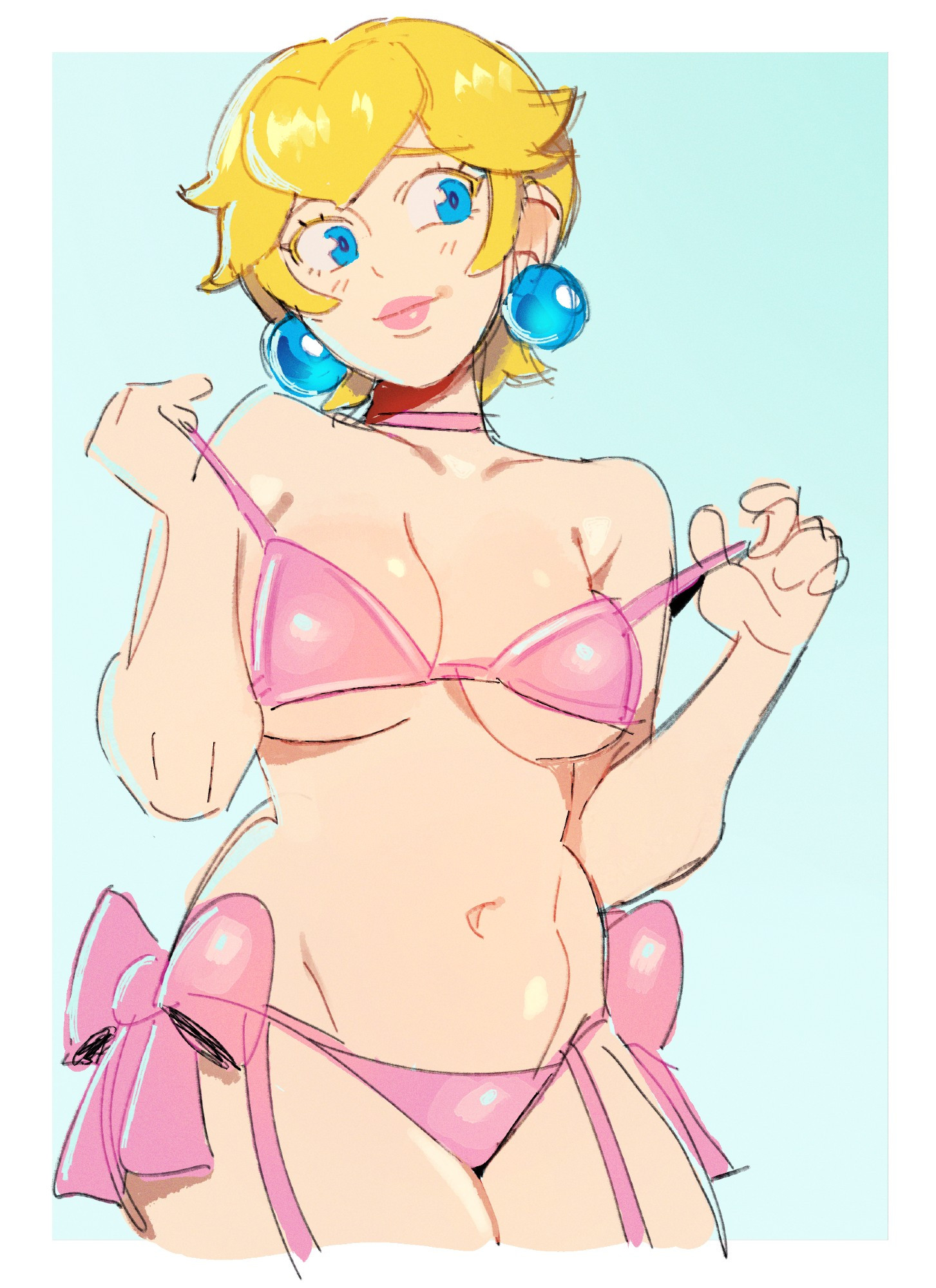 1girls, 2025, bikini, bikini bottom, bikini top, blonde eyelashes, blonde female, blonde hair, blonde hair female, blue background, blue eyes, bow, breasts, choker, clothed, clothing, digital media (artwork), earrings, female, female only, light skin, light-skinned female, lyssahh, mario (series), nintendo, no visible genitalia, pink bikini, pinup, princess peach, ribbon, ribbons, short hair, sketch, solo, solo female, super mario bros., taking clothes off
