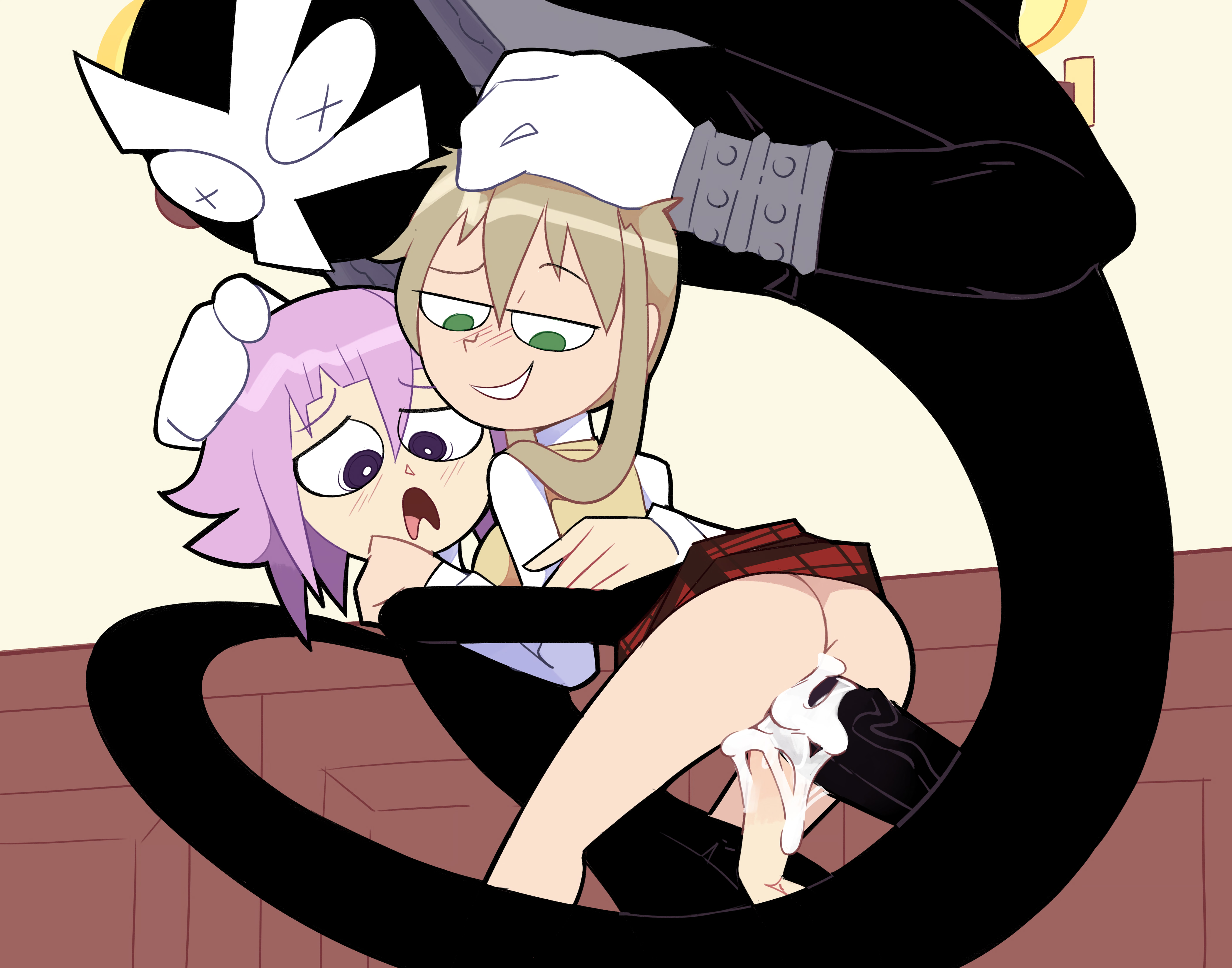 1boy, 1girl, 1other, ass, blonde hair, blush, clothed sex, crona (soul eater), cum, cum in pussy, cum overflow, erection, female, gloves, green eyes, grin, group sex, hair between eyes, hand on another's head, huge cock, long hair, long sleeves, looking down, maka albarn, miscon, no panties, open mouth, penis, plaid, plaid skirt, pleated skirt, purple eyes, purple hair, pussy, ragnarok (soul eater), red skirt, school uniform, sex, shirt, skirt, smile, soul eater, straight, sweater vest, threesome, uncensored, vaginal penetration, veins, veiny penis, vest, white gloves, white shirt, yellow vest