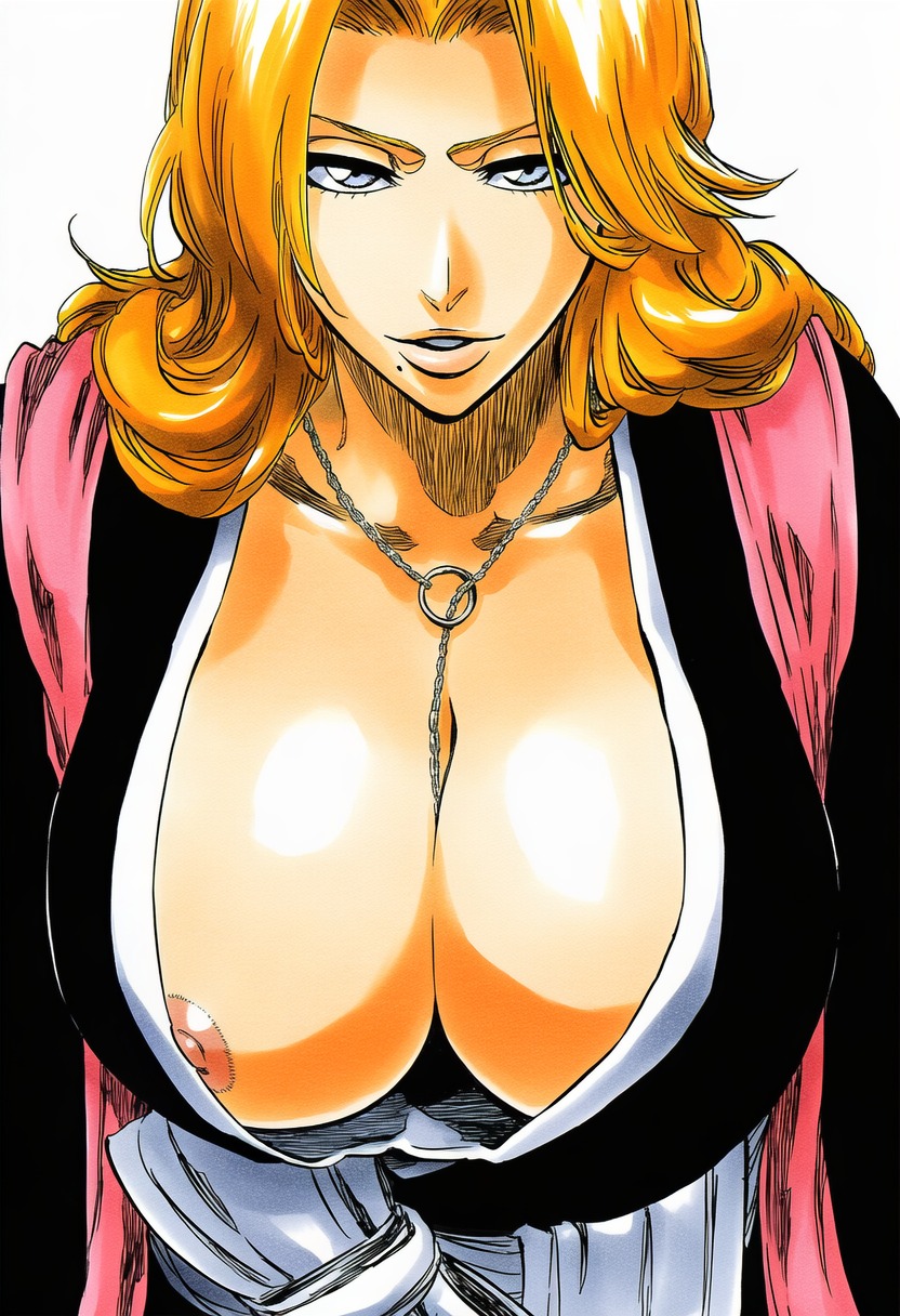 1girls, accurate art style, accurate body type, ai generated, areola, areola slip, areolae, between breasts, big breasts, black kimono, bleach, blue eyes, breast focus, breasts, busty, cel shading, chain necklace, chains, cleavage, clothed, clothing, collarbone, downblouse, facing viewer, female, female focus, female only, front view, hair over shoulder, haori, highres, huge breasts, japanese clothes, jewelry, kimono, large breasts, leaning forward, light skin, light-skinned female, line art, long hair, looking at viewer, manga style, matsumoto rangiku, mature female, mole, mole under mouth, necklace, nipple slip, nipples, no bra, orange hair, parted lips, pink scarf, portrait, sash, scarf, shawl, shihakusho, shinigami, shiny hair, shiny skin, simple background, solo, solo focus, tite kubo style, traditional clothes, upper body, wafuku, wardrobe malfunction, wavy hair, white background, white sash, wide sleeves