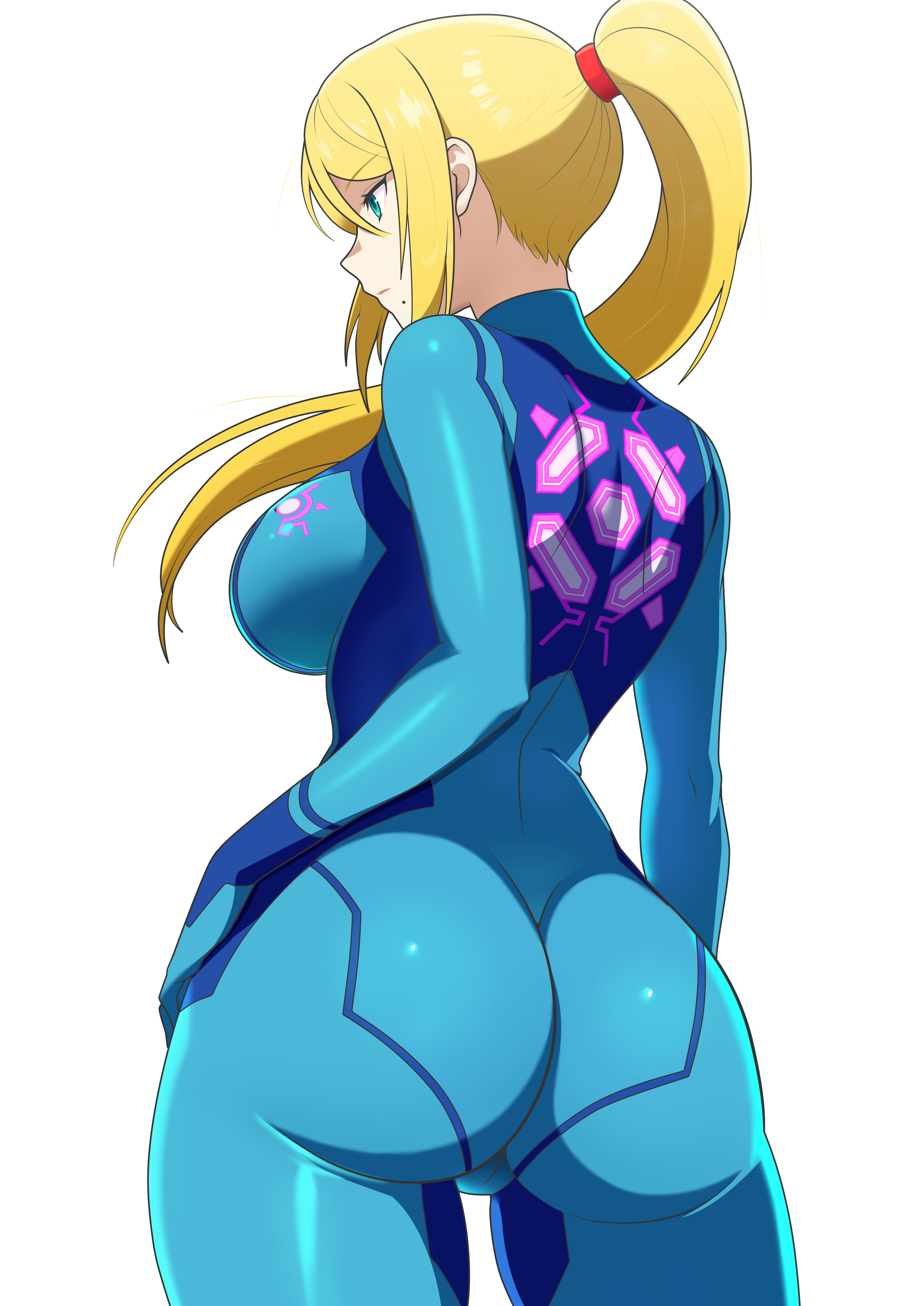 1girls, absurdres, ass, ass focus, beauty mark, big ass, big breasts, blonde hair, blue eyes, bodysuit, breasts, buni guun, commentary, female, female only, from behind, fully clothed, hair up, hand on hip, high ponytail, highres, large breasts, light-skinned female, metroid, mole, mole under mouth, nintendo, ponytail, samus aran, shiny clothes, sidelocks, skin tight, solo, tight clothing, zero suit, zero suit samus
