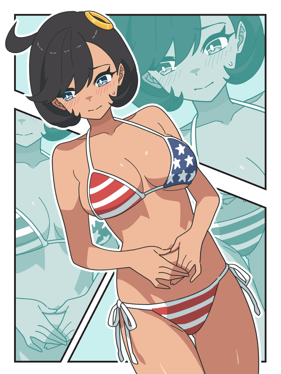 1girls, american flag, american flag bikini, american flag print, american flag swimsuit, bikini, black hair, blush, blush lines, blushing, breasts, cleavage, closed mouth, commentary request, dark skin, dark-skinned female, embarrassed, emma (pokemon legends: z-a), emma (pokemon), female, flag bikini, flag print, flag print bikini, game freak, hair ornament, highres, kanbei (pixiv11037490), matiere (pokemon legends: z-a), matiere (pokemon), medium breasts, nintendo, pokemon, pokemon legends: z-a, print bikini, short hair, side-tie bikini bottom, side-tie bottom, star (symbol), star print, striped bikini, striped clothes, swimsuit, tan, tan body, tan skin, tanned female, thighs, zoom layer