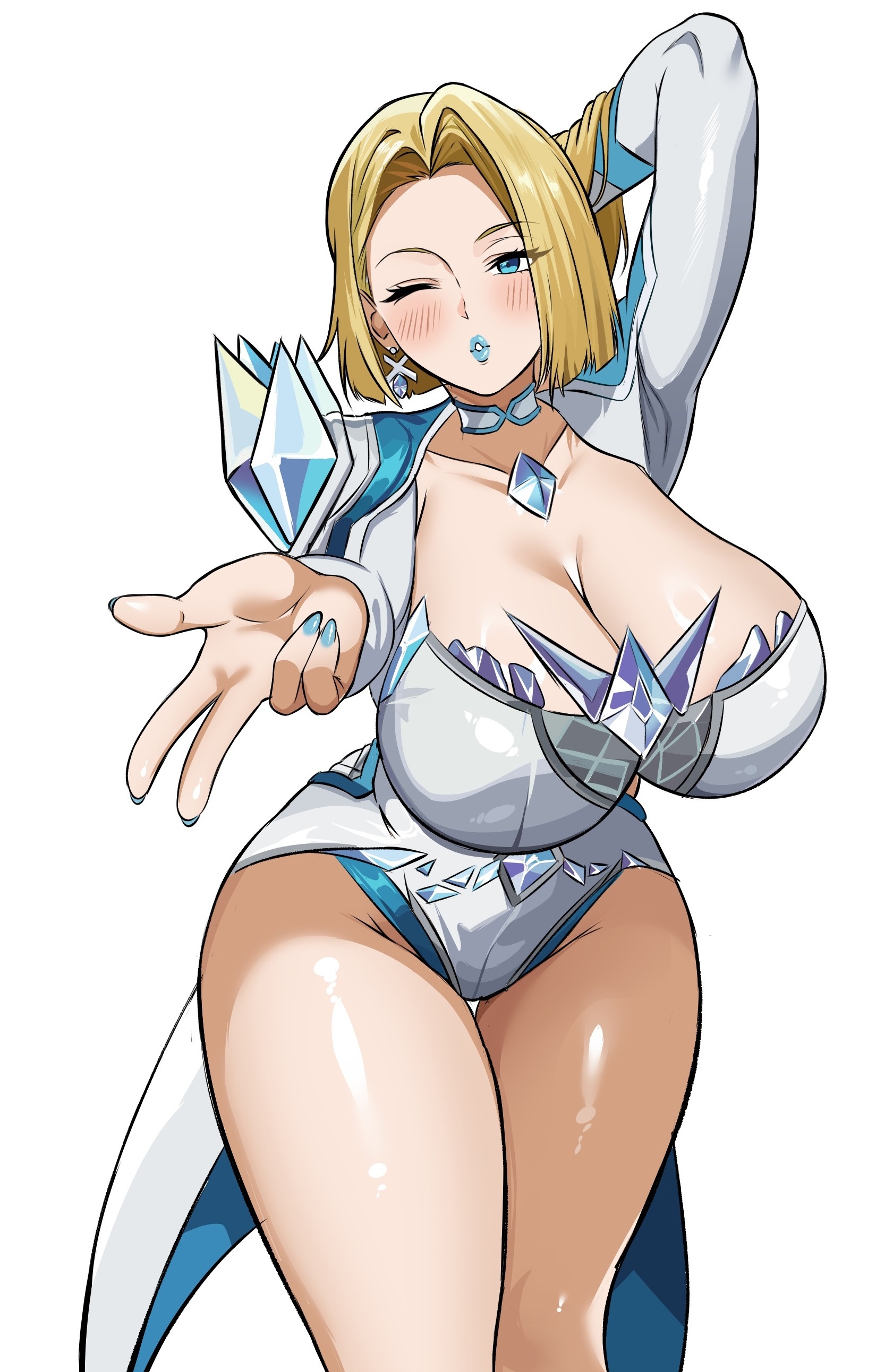 1girls, 2d, arm behind head, big breasts, blonde hair, blue eyes, blue lipstick, blush, breasts, choker, cleavage, clothing, earrings, emma frost, emma frost (marvel rivals), female, female only, huge breasts, jewelry, leotard, lips, looking at viewer, marvel, marvel comics, marvel rivals, nail polish, one eye closed, pantyhose, parted lips, shiny, shiny skin, short hair, solo, thick thighs, thighs, white background, x-men, zuyuzuyu6