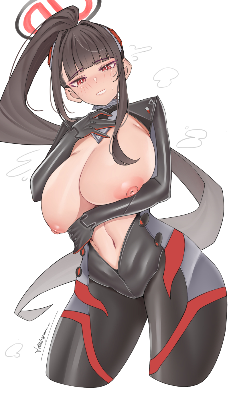 1girls, areolae, big breasts, black bodysuit, black hair, blue archive, bodysuit, breasts, breasts out, exposed breasts, female, female only, hair, halo, huge breasts, legs, light skin, light-skinned female, millennium science school student, nipples, ponytail, red eyes, rio (armed) (blue archive), rio (blue archive), seminar (blue archive), solo, sweat, sweatdrop, taiko3000cc, tied hair, tight bodysuit, tight clothing, unzipped, unzipped bodysuit, zipper down