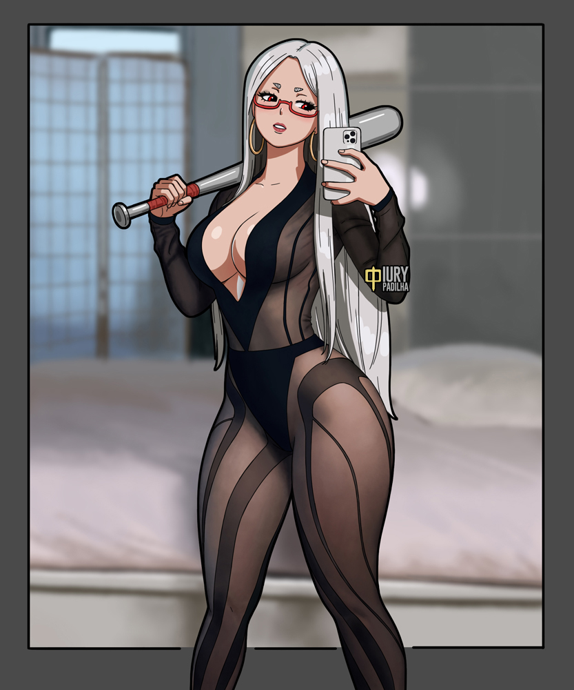 1girls, artist name, ayase seiko, baseball bat, big breasts, breasts, cleavage, clothing, dandadan, ear piercing, earrings, eyewear, female, female only, gilf, glasses, grandmother, hair, holding object, holding phone, holding weapon, hoop earrings, iury padilha, lingerie, lips, long hair, loose hair, old woman, pantyhose, red eyes, red glasses, selfie, selfie pose, solo, solo female, thighs, tight clothing, weapon, white hair