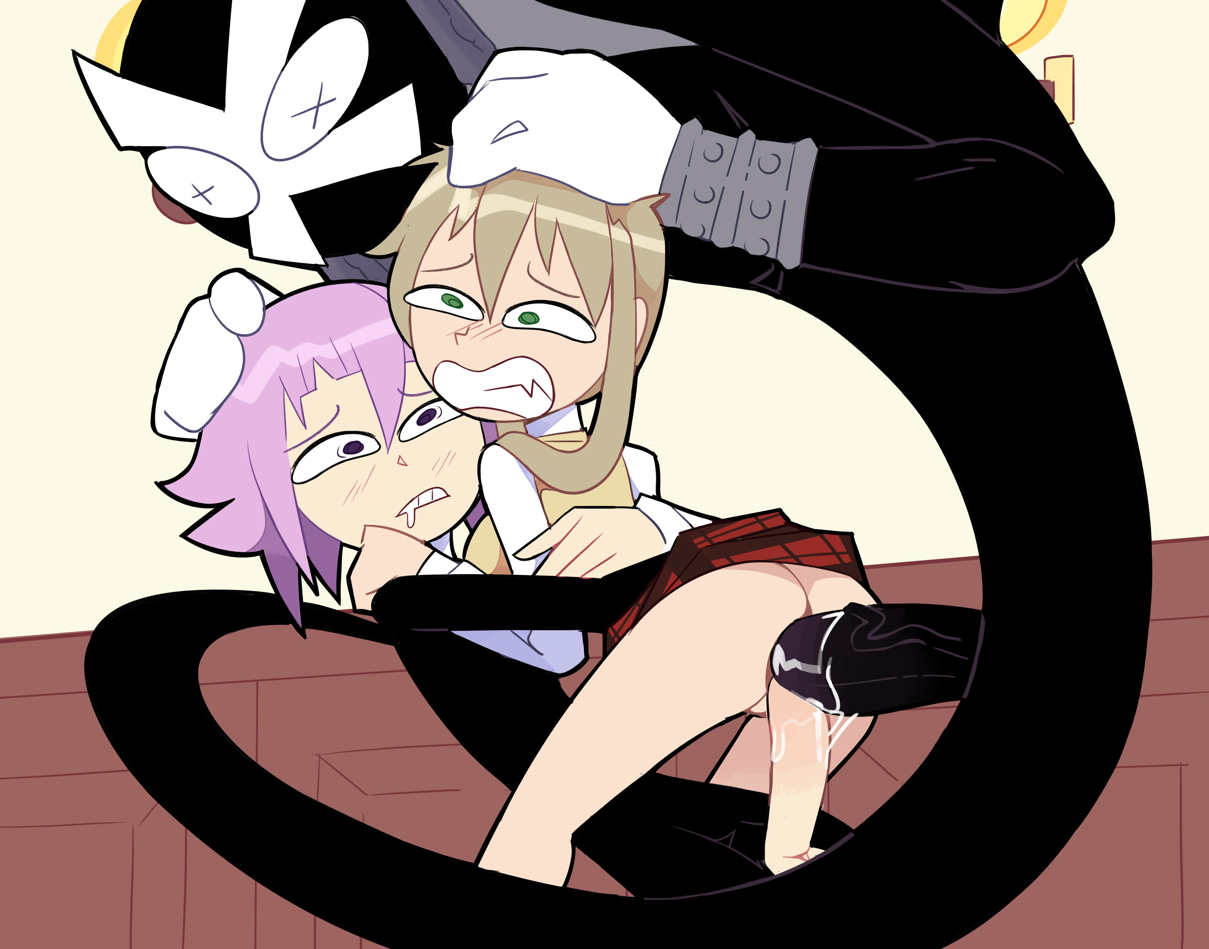 1boy, 1other, anal, ass, biting own lip, blonde hair, blush, clenched teeth, clothed sex, crona (soul eater), cum, drooling, erection, female, gloves, green eyes, group sex, hair between eyes, hand on another's head, huge cock, large penis, long hair, long sleeves, maka albarn, miscon, no panties, penis, plaid, plaid skirt, pleated skirt, purple eyes, purple hair, ragnarok (soul eater), red skirt, rolling eyes, school uniform, sex, shirt, skirt, soul eater, straight, sweater vest, teeth, threesome, uncensored, vaginal penetration, veins, veiny penis, vest, white gloves, white shirt, yellow vest