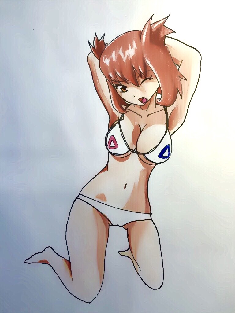 arms_up bianca_(pokemon_heroes) bikini brown_hair kanon_(pokemon) open_mouth pokemon pokemon_(anime) wink