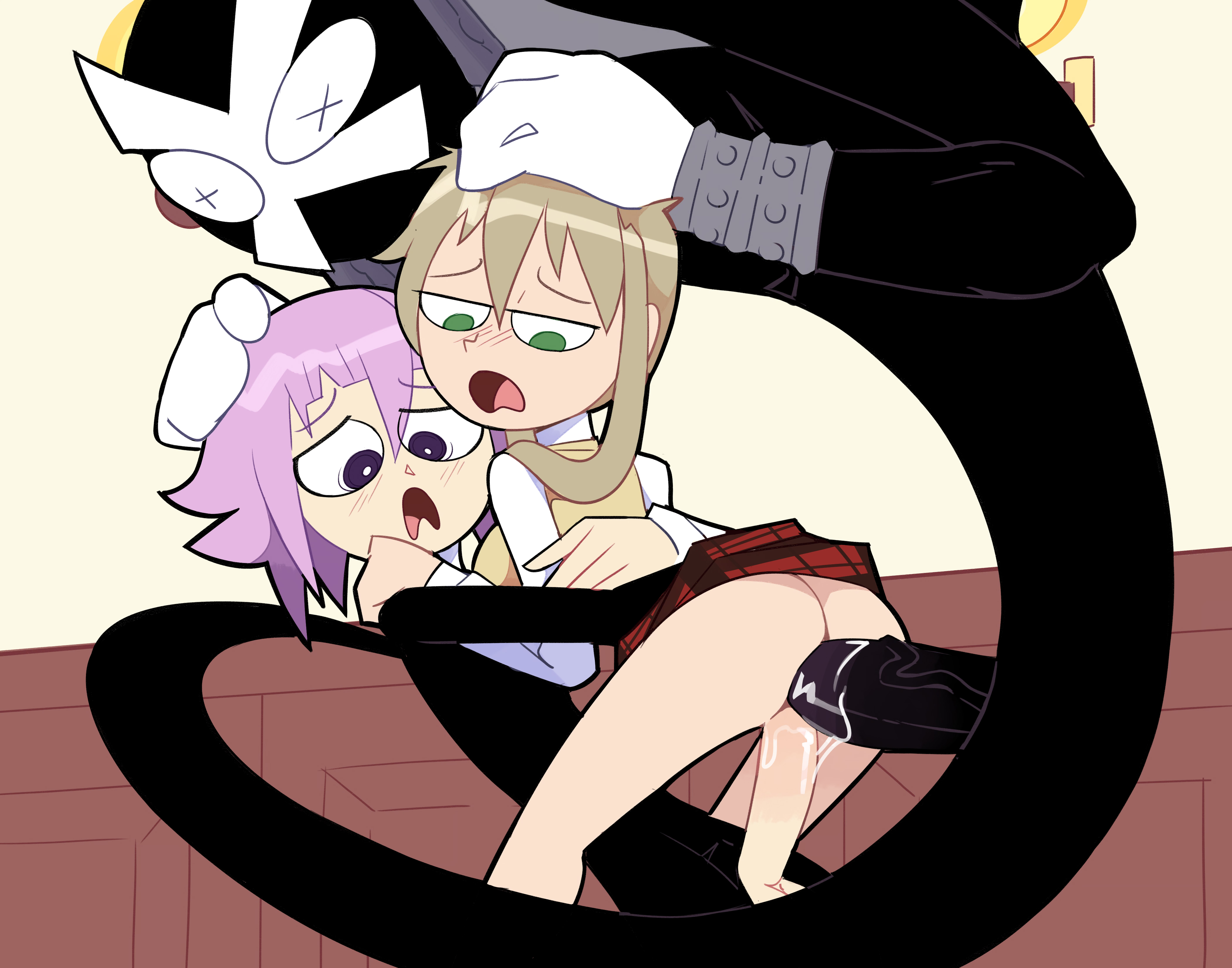 1boy, 1other, ass, blonde hair, blush, clothed sex, crona (soul eater), cum, erection, female, gloves, green eyes, group sex, hair between eyes, hand on another's head, huge cock, large penis, long hair, long sleeves, looking down, maka albarn, miniskirt, miscon, no panties, open mouth, penis, plaid, plaid skirt, pleated skirt, purple eyes, purple hair, ragnarok (soul eater), red skirt, school uniform, sex, shirt, size difference, skirt, skirt lift, soul eater, standing sex, straight, sweater vest, threesome, uncensored, vaginal penetration, veins, veiny penis, vest, white gloves, white shirt, yellow vest