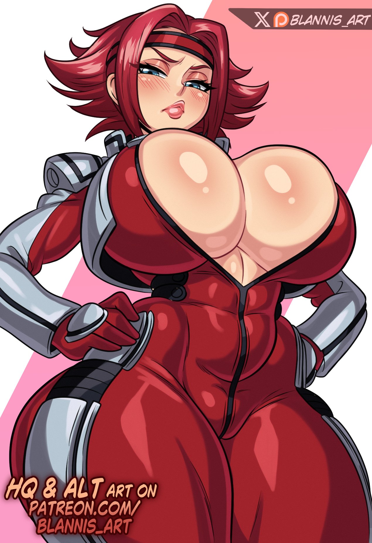 1girls, blannis art, blue eyes, bodysuit, code geass, huge breasts, kallen stadtfeld, red hair, short hair