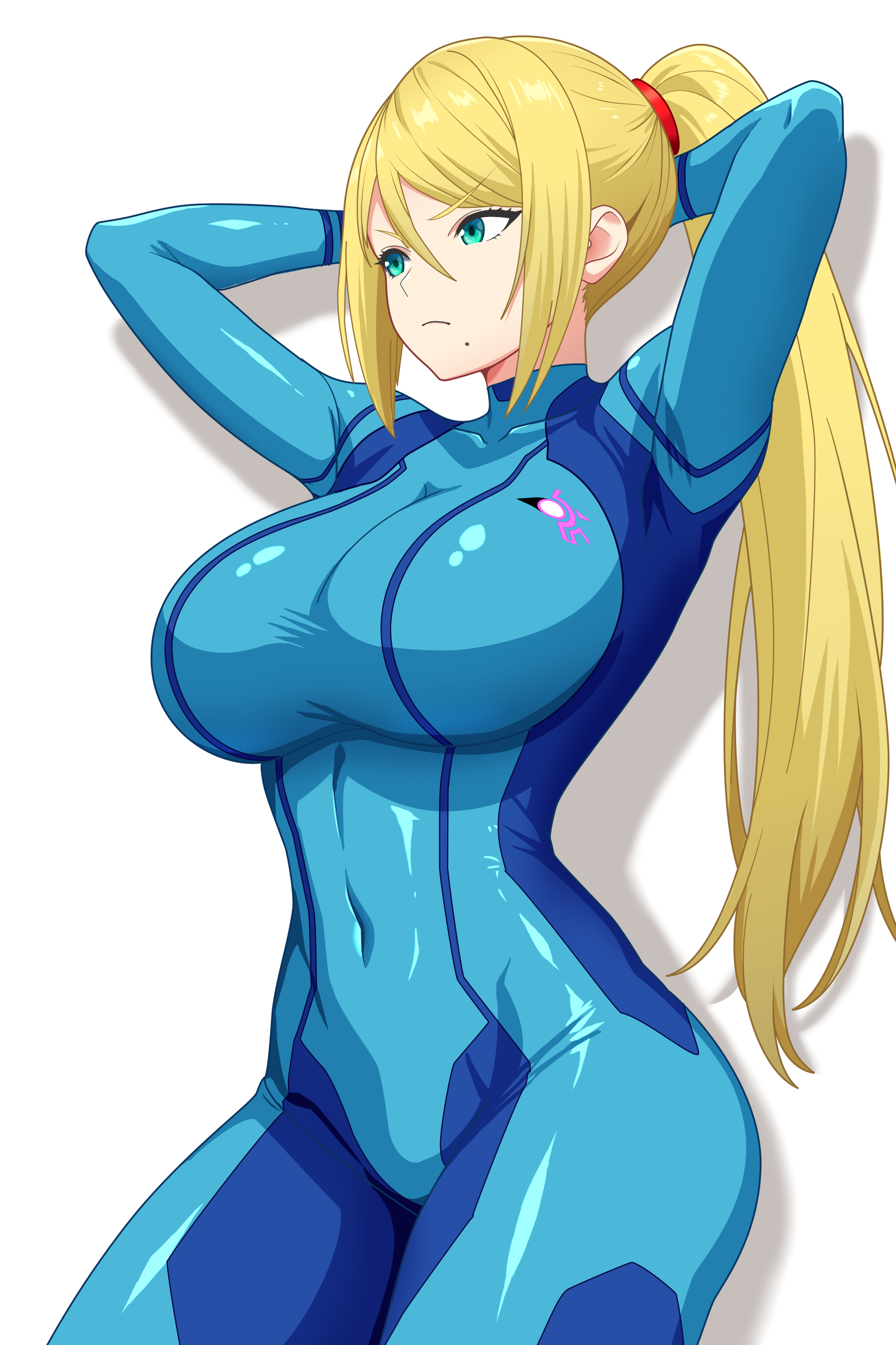 1girls, absurdres, aqua eyes, arms up, beauty mark, big breasts, blonde hair, blue bodysuit, bodysuit, breasts, buni guun, collarbone, covered navel, female, female only, fit female, frown, fully clothed, hair up, high ponytail, highres, hourglass figure, human, human female, large breasts, light-skinned female, long hair, looking to the side, metroid, mole, mole under eye, mole under mouth, navel visible through clothes, nintendo, ponytail, samus aran, shiny clothes, sidelocks, simple background, skin tight, slim waist, solo, thick thighs, tight clothing, v-shaped eyebrows, very long hair, white background, wide hips, zero suit, zero suit samus