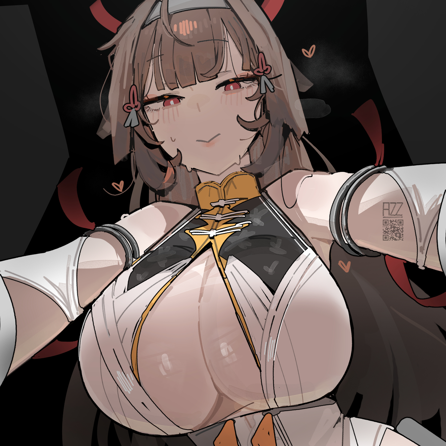 1girls, 2026, 2d, 2d (artwork), artist name, azz0422, big breasts, black background, blush, blushing at viewer, breasts, brown hair, color, colored, digital media (artwork), female, female only, hair, heart, hi res, hoyoverse, huge breasts, large breasts, light skin, light-skinned female, long hair, looking at viewer, low-angle view, mihoyo, qr code, red eyes, simple background, smile, solo, sweat, sweatdrop, video game character, video games, viewed from below, ye shunguang, zenless zone zero