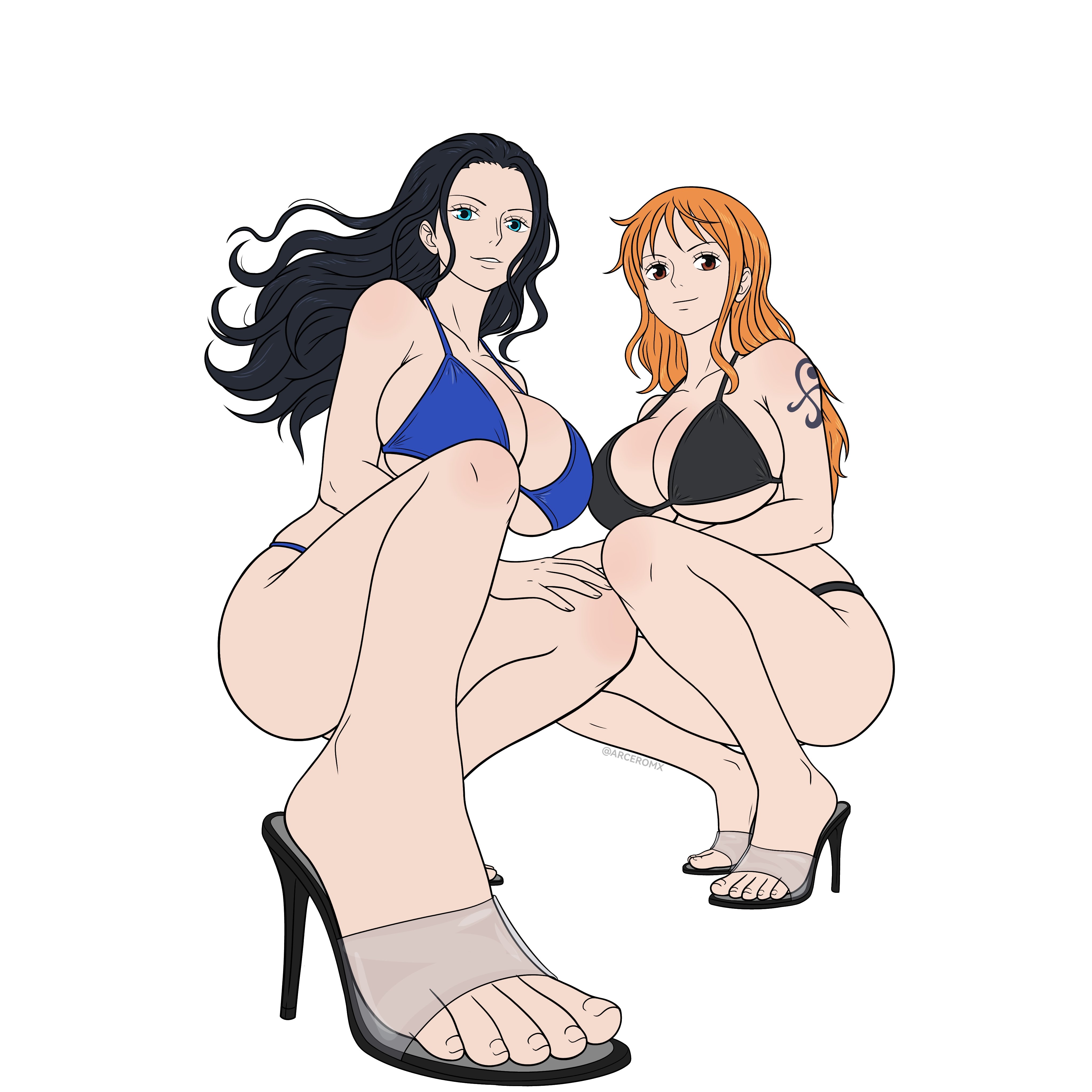 2girls, absurdres, arceromx, arm tattoo, bikini, black bikini, black hair, blue bikini, blue eyes, breasts, eyelashes, feet, female, female only, foot focus, foreshortening, full body, high heels, highres, large breasts, long hair, looking at viewer, multiple girls, nami (one piece), nico robin, one piece, orange eyes, orange hair, post-timeskip, presenting foot, sideboob, simple background, smile, squatting, swimsuit, tattoo, toenails, toes, twitter username, underboob, white background
