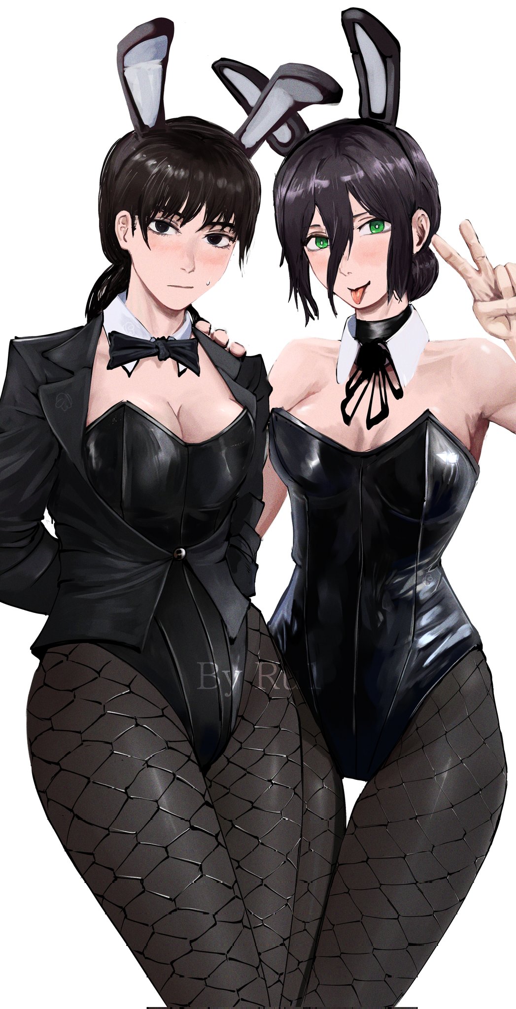 2girls, black eyes, black eyes female, black hair, black hair female, breasts, bunny ears, bunny girl, bunnygirl, bunnygirl outfit, bunnysuit, chainsaw man, clothed, clothed female, cloud ruan99543, female, female focus, female only, fishnet pantyhose, fishnets, green eyes, green eyes female, light skin, light-skinned female, mitaka asa, multiple female, multiple females, multiple girls, pantyhose, purple hair, purple hair female, reze (chainsaw man)