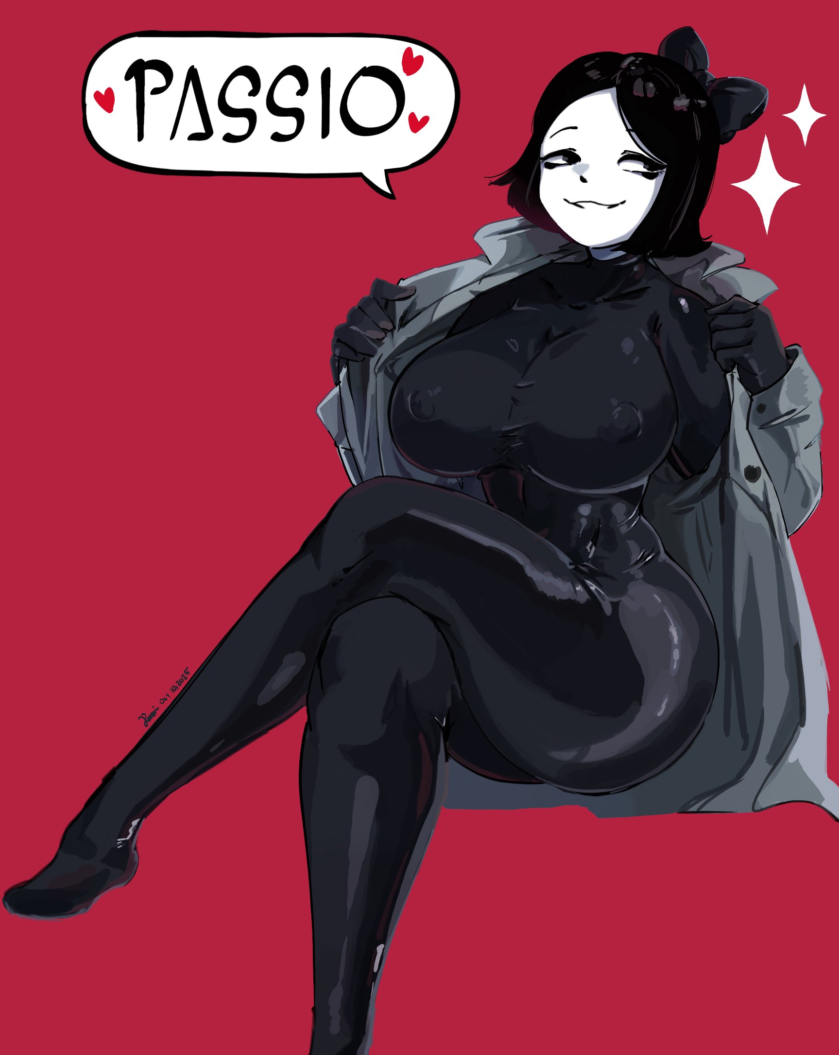 1girls, 2d, 2d (artwork), big breasts, black clothing, body suit, bodysuit, coat, disillusion st, esme (disillusion st), latex, latex clothing, latex suit, mime, mime girl, nipples visible through clothing, shavin65, solo, solo female, tight clothes, tight clothing, tight fit, tight suit