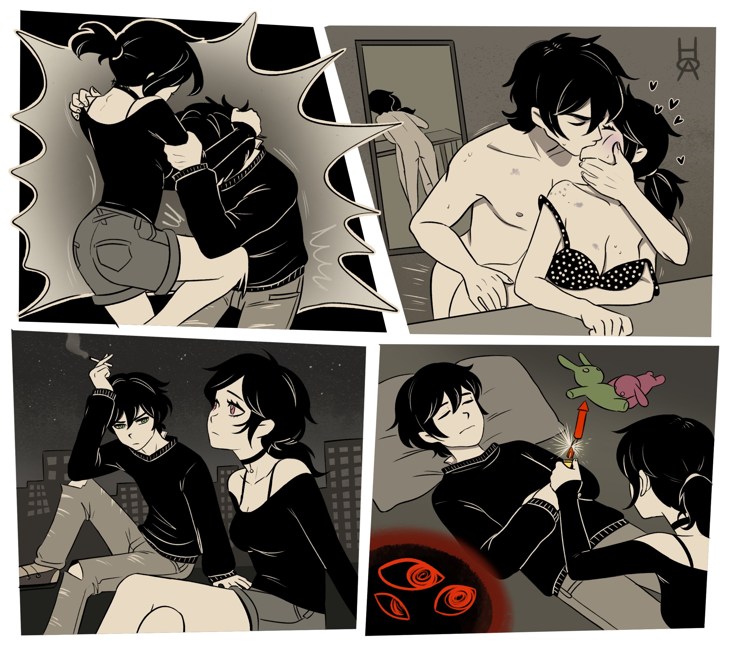 1boy, 1girls, 2d, andrew graves, ashley graves, ass, bent over, bite mark, black hair, bra, breasts, brother and sister, choker, closed eyes, clothed, couple, female, fight, fighting, french kiss, from behind, green eyes, hickey, hickey marks, incest, kissing, kissing while penetrated, kneeing, male, multiple panels, nude, passionate, phuonghoa198, pink eyes, polka dot, polka dot bra, ponytail, prank, sex, siblings, smoking, standing doggy style, standing sex, straight, the coffin of andy and leyley