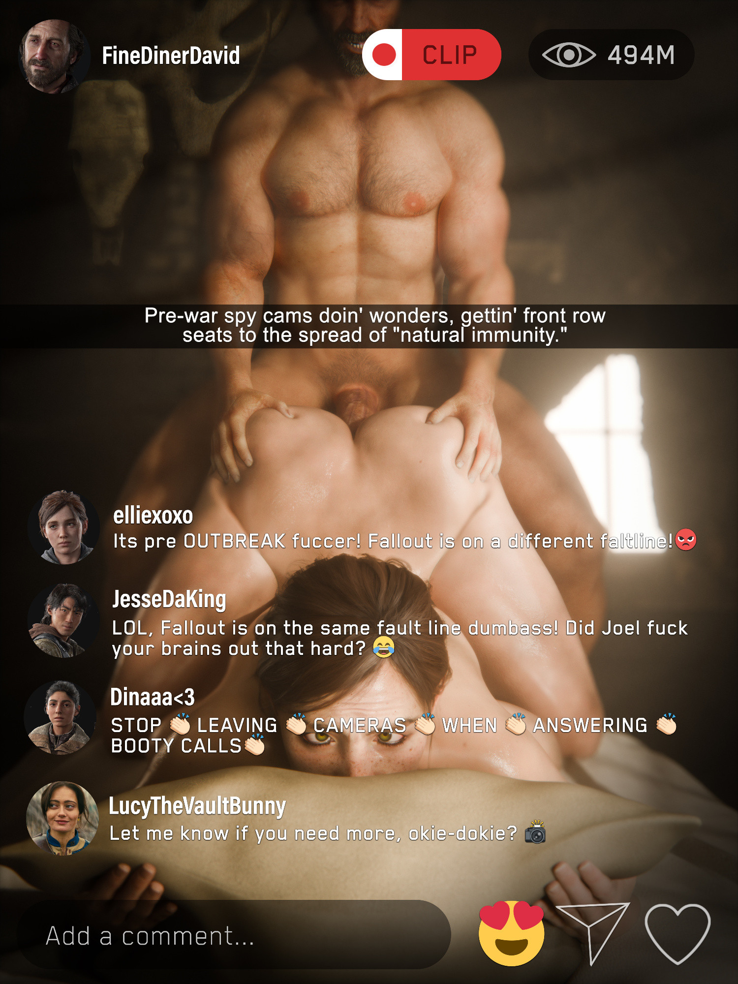 2boys, 3d, 3girls, ass, bed, big ass, brown hair, crossover, currysfm, curvaceous, curvy, curvy figure, dina (the last of us), doggy style, doggystyle, ella purnell, ellie (the last of us), ellie williams, english text, fallout, fallout (tv series), female, freckles, from behind, from behind position, jesse (the last of us), joel miller, large ass, lesbian with male, lucy maclean, male, pillow, sex, social media, straight, tagme, text, the last of us, the last of us 2, thick thighs, thighs, voluptuous, voluptuous female, wide hips